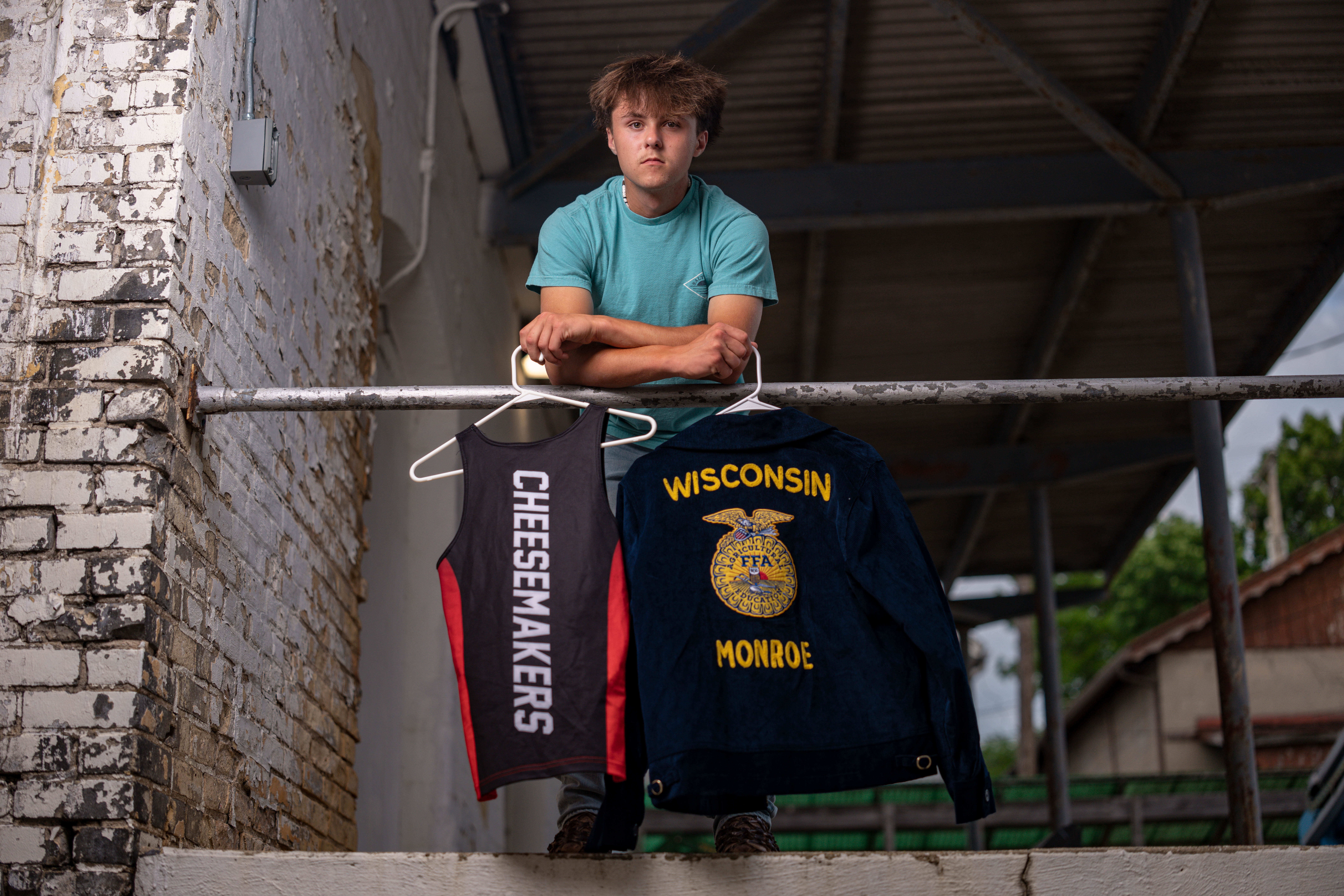 Click to View Larger Wyatt Steiner poses for a senior portrait session in Monroe, Wisconsin, on June 30, 2025. Steiner will be a Class of 2026 graduate. Photography by Ross Harried for Second Crop Creative.