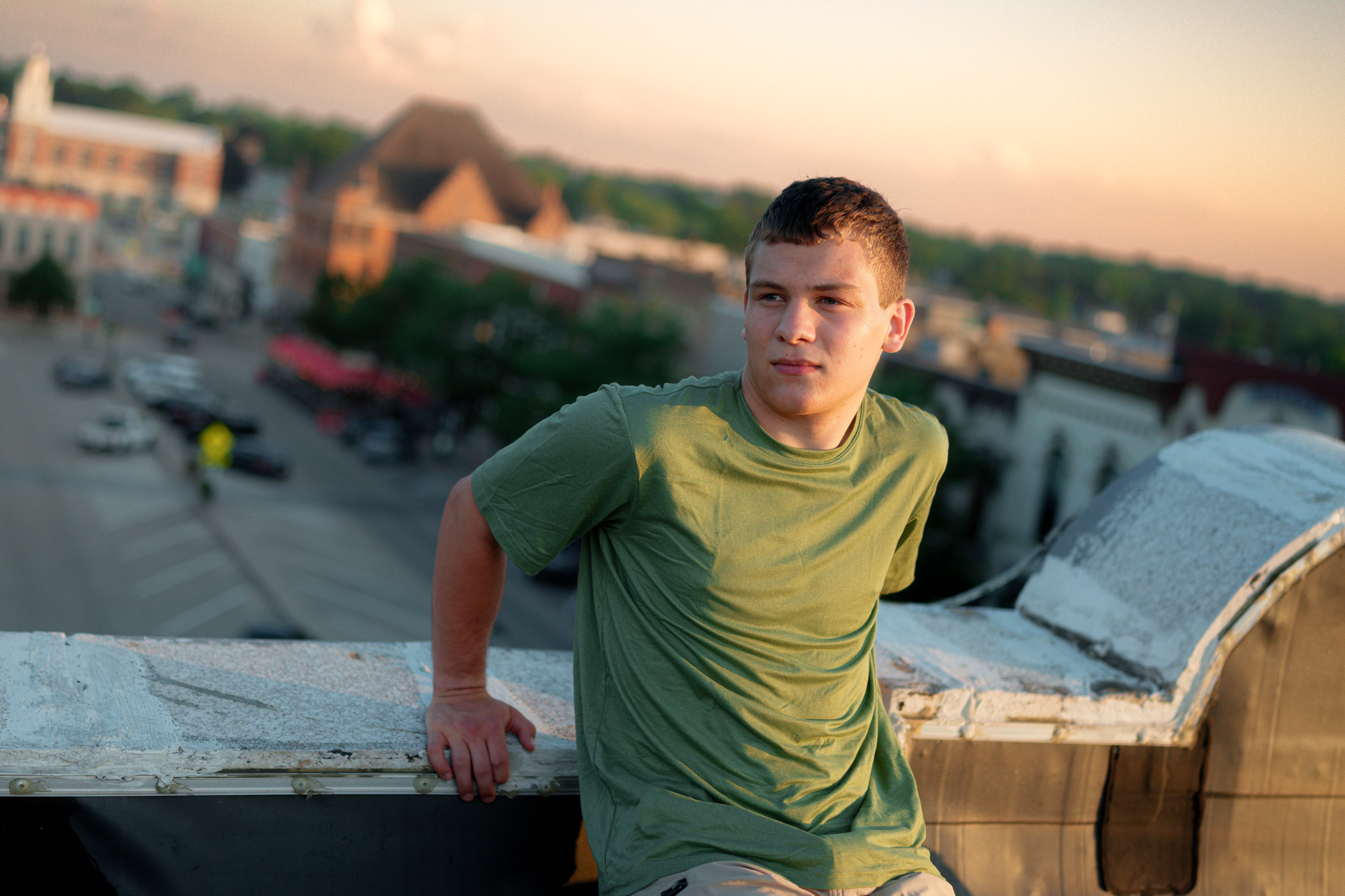 Connor Eckdhal poses for a senior portrait session in Monroe, Wisconsin, on July 8th, 2025. Eckdhal will be a Class of 2026 graduate. Photography by Ross Harried for Second Crop Creative.