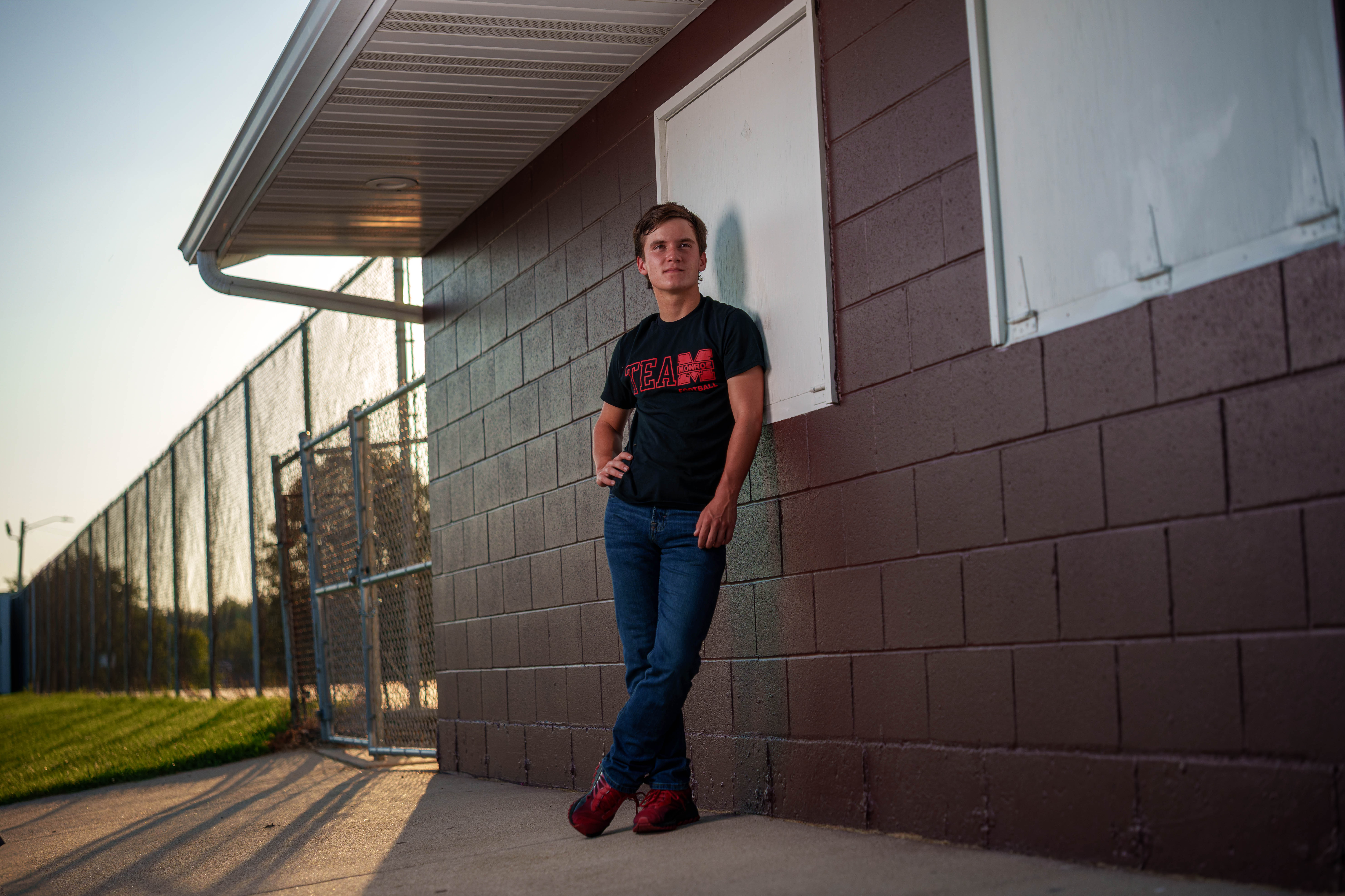 Hamilton Stites poses for senior photos at Monroe High School in Monroe, Wisconsin on July 28th, 2025. Stites will graduate in 2026. Photography by Ross Harried for Second Crop Creative.