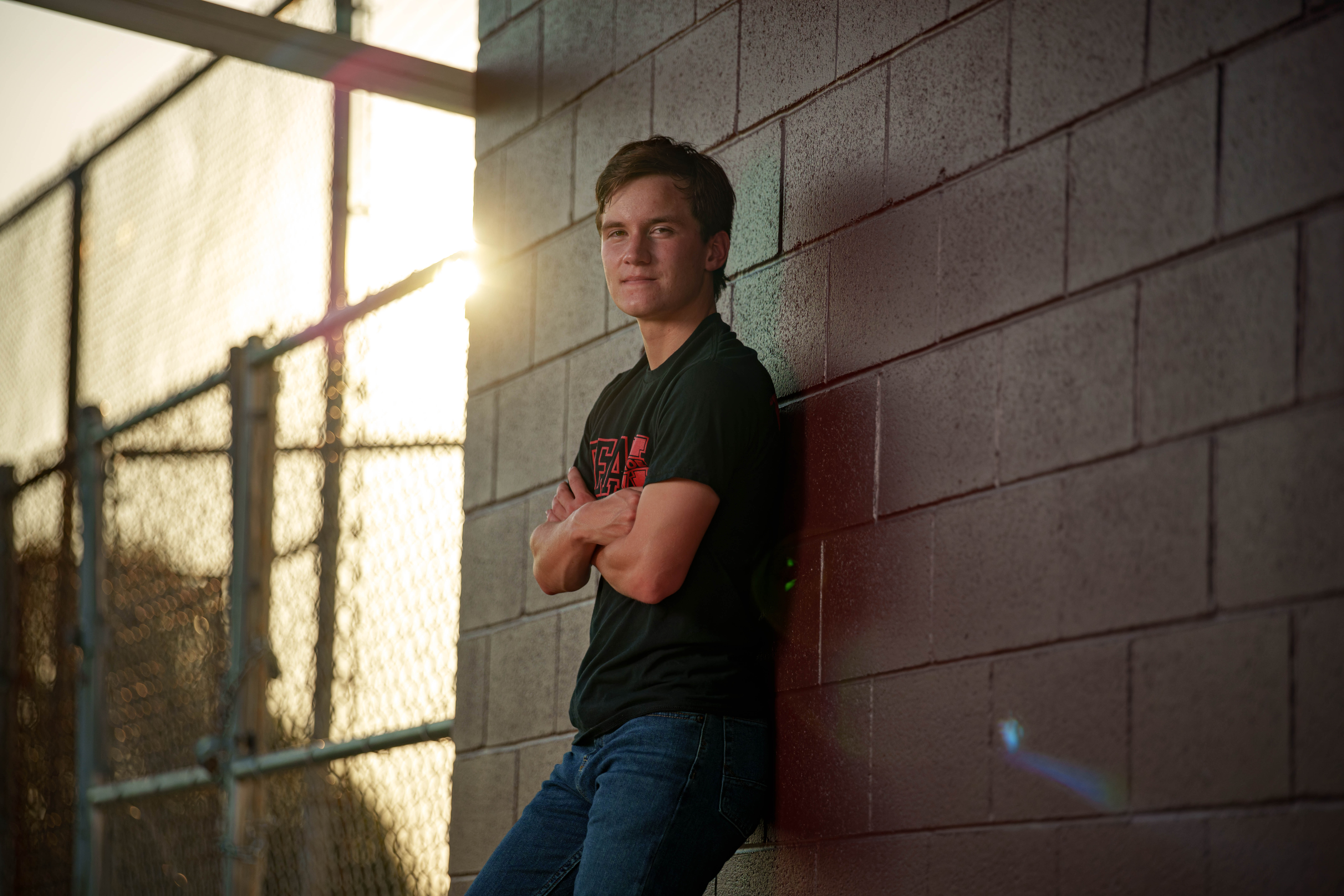 Hamilton Stites poses for senior photos at Monroe High School in Monroe, Wisconsin on July 28th, 2025. Stites will graduate in 2026. Photography by Ross Harried for Second Crop Creative.