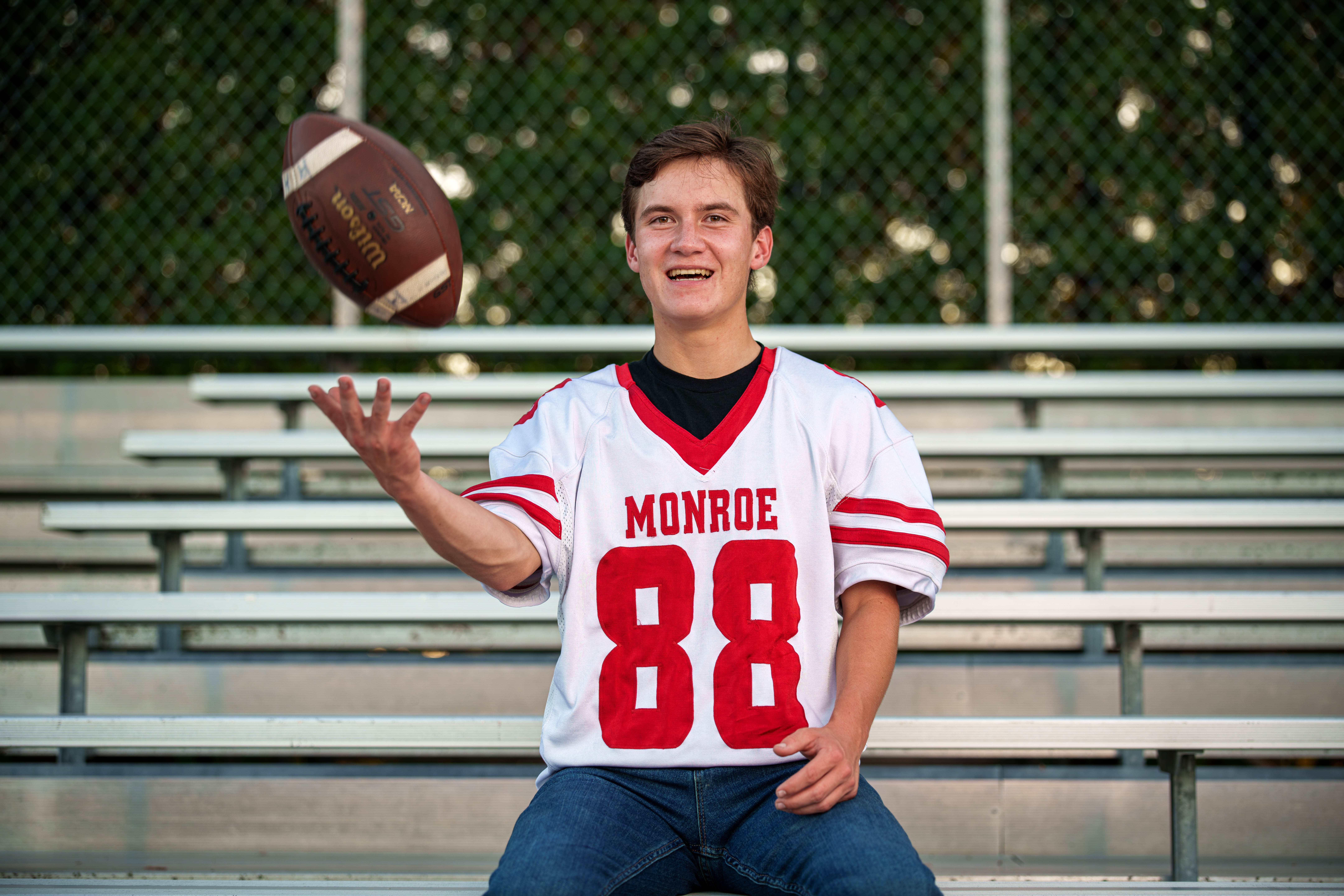 Hamilton Stites poses for senior photos at Monroe High School in Monroe, Wisconsin on July 28th, 2025. Stites will graduate in 2026. Photography by Ross Harried for Second Crop Creative.