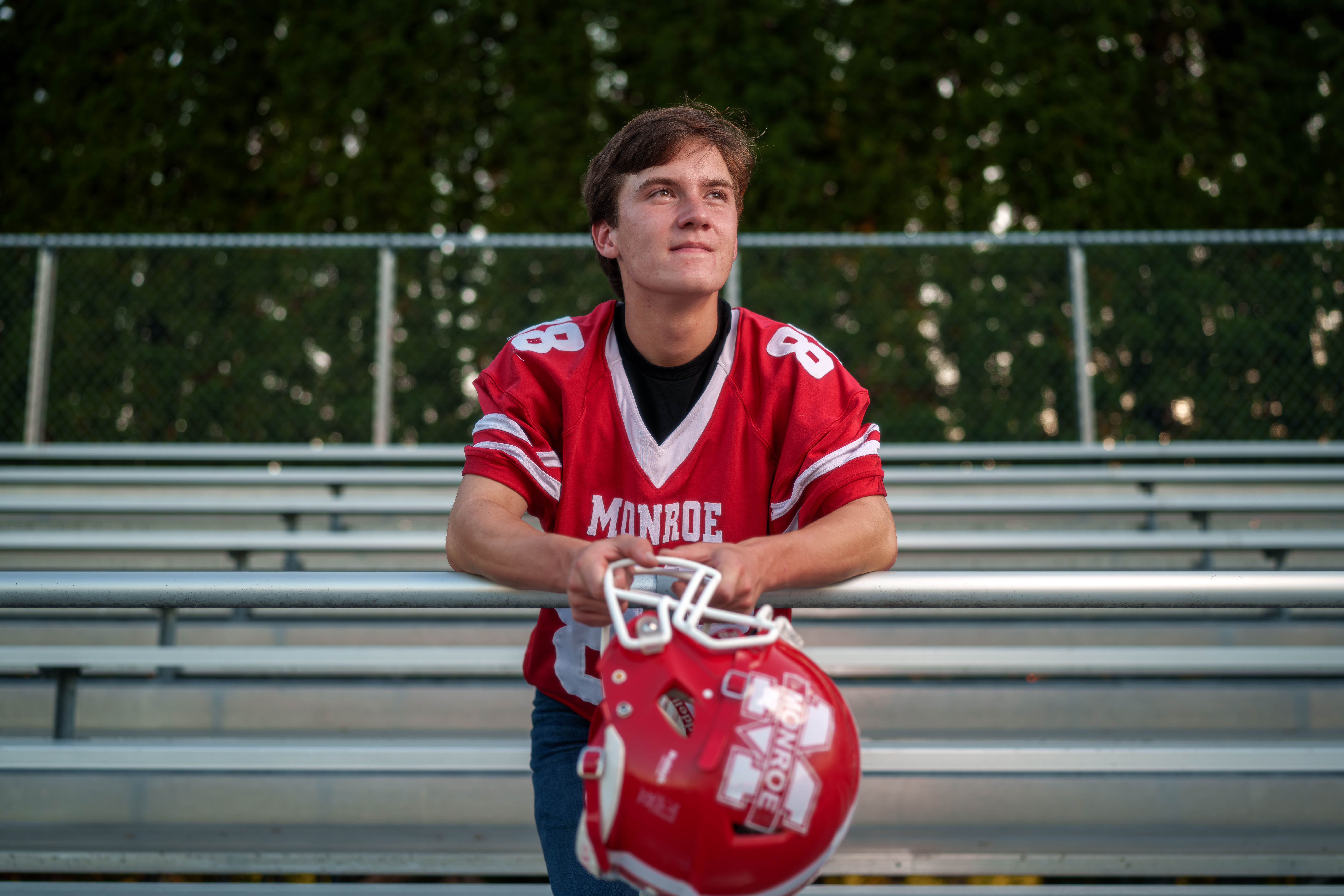 Hamilton Stites poses for senior photos at Monroe High School in Monroe, Wisconsin on July 28th, 2025. Stites will graduate in 2026. Photography by Ross Harried for Second Crop Creative.