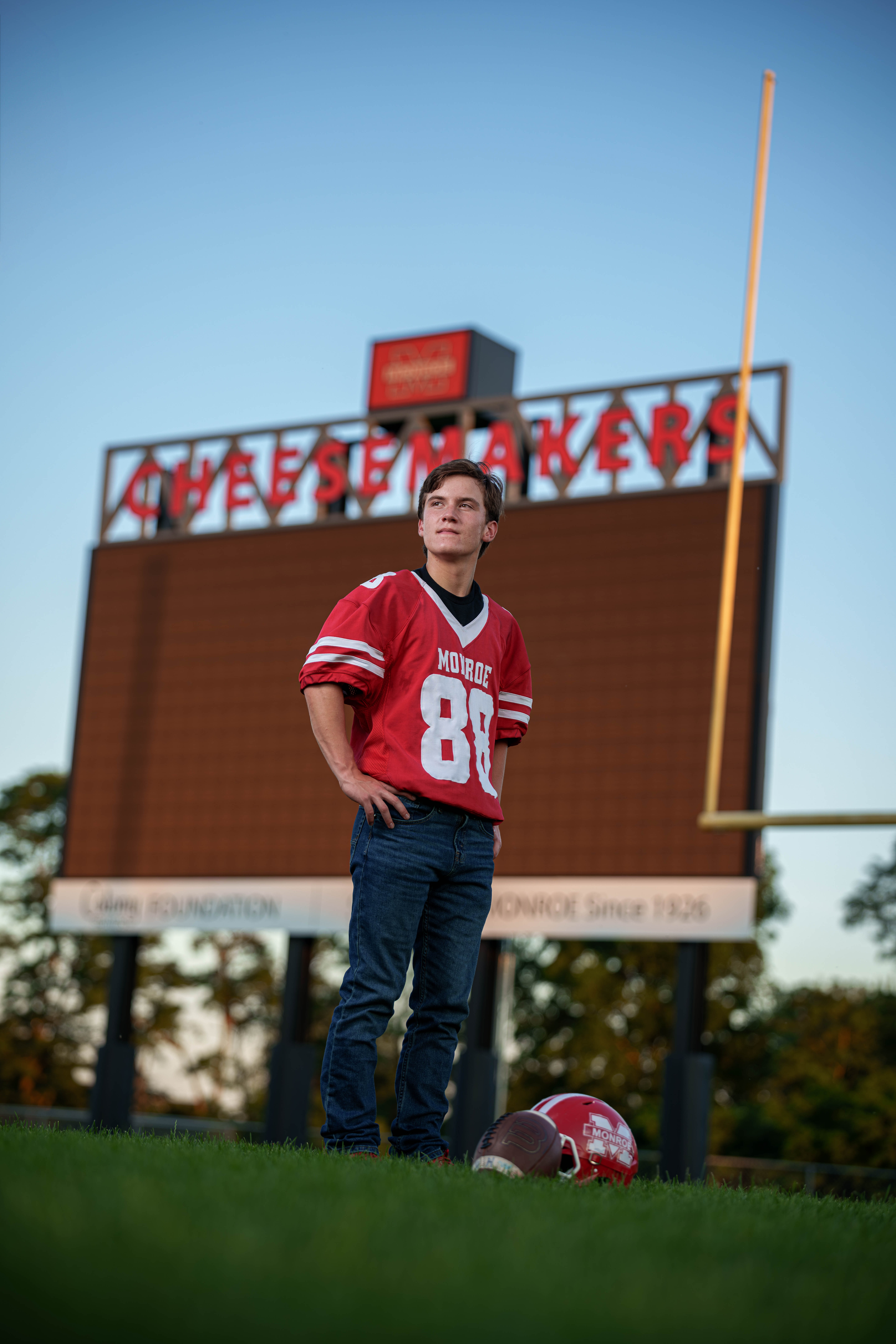Hamilton Stites poses for senior photos at Monroe High School in Monroe, Wisconsin on July 28th, 2025. Stites will graduate in 2026. Photography by Ross Harried for Second Crop Creative.