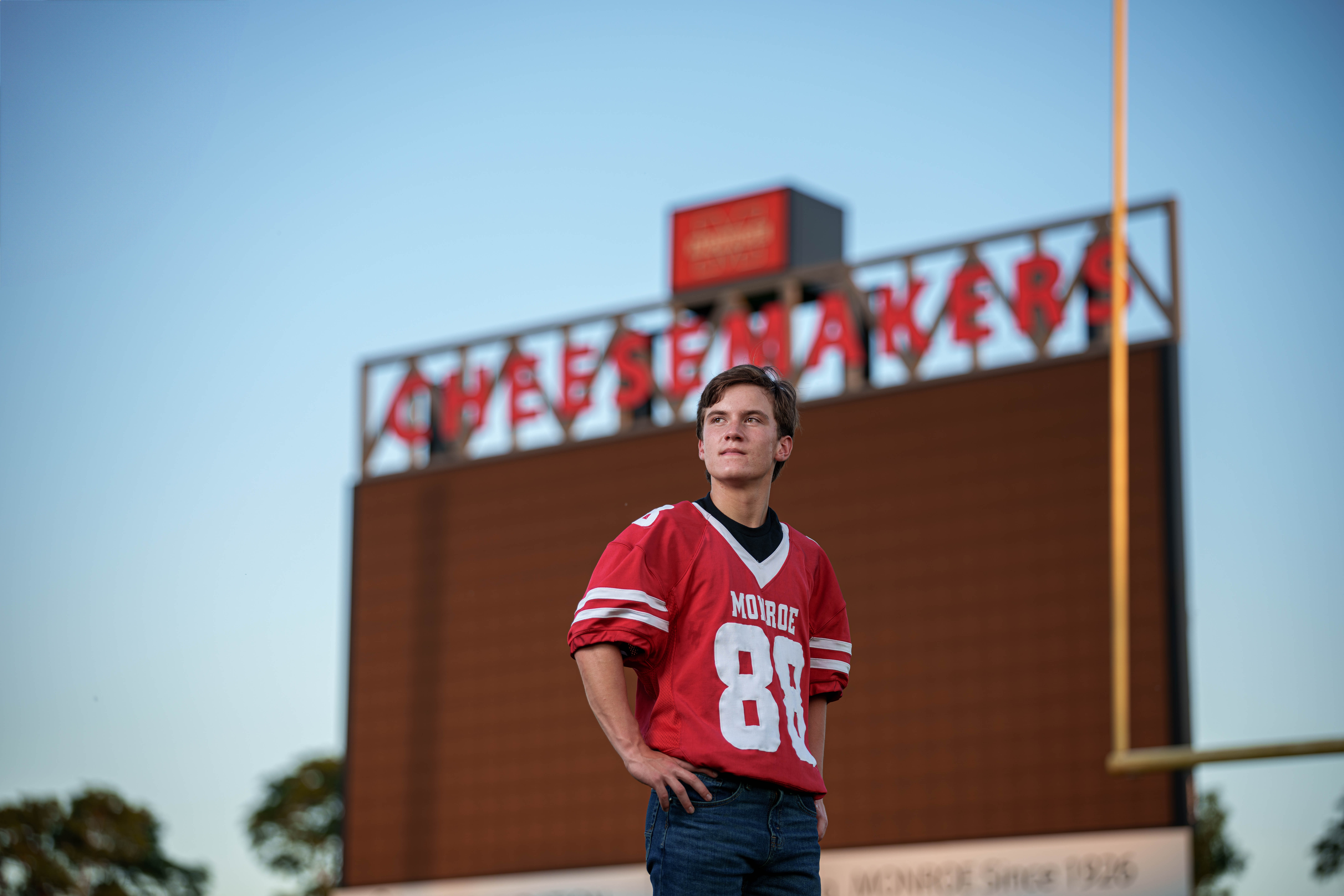 Hamilton Stites poses for senior photos at Monroe High School in Monroe, Wisconsin on July 28th, 2025. Stites will graduate in 2026. Photography by Ross Harried for Second Crop Creative.