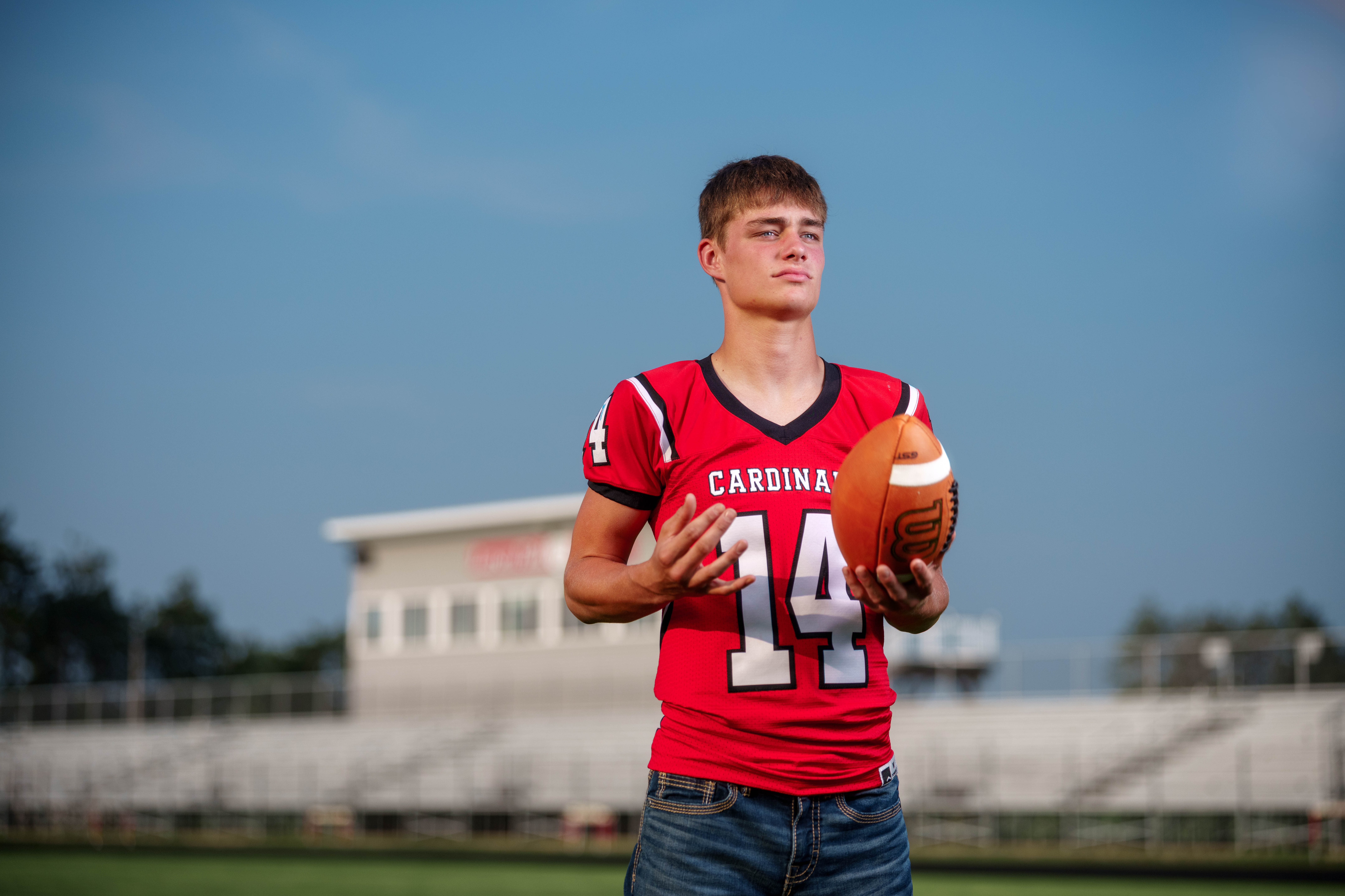 Jayden Brown poses for senior photos at Brodhead High School in Brodhead, Wisconsin on August 4th, 2025. Brown will graduate in 2026. Photography by Ross Harried for Second Crop Creative.