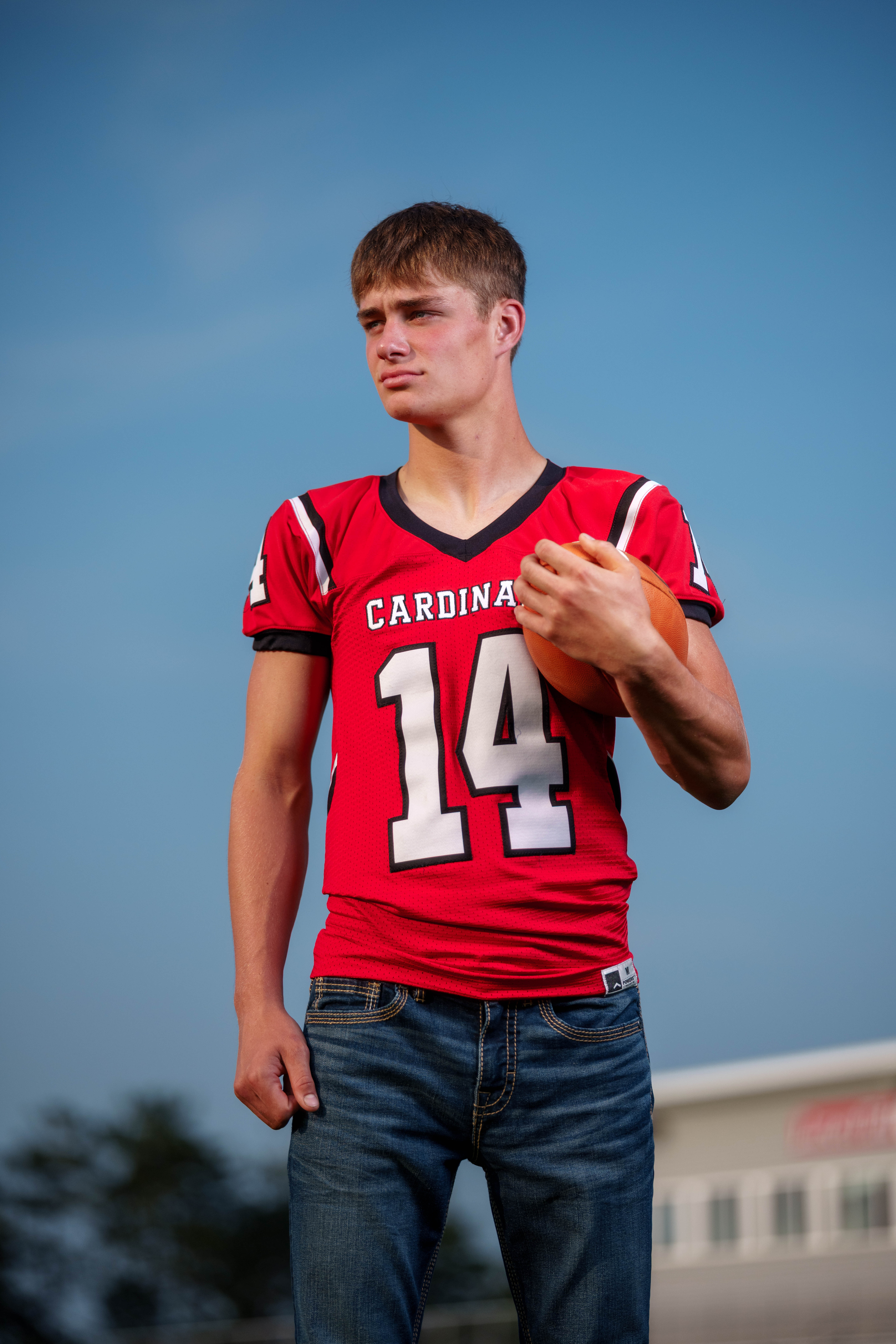 Jayden Brown poses for senior photos at Brodhead High School in Brodhead, Wisconsin on August 4th, 2025. Brown will graduate in 2026. Photography by Ross Harried for Second Crop Creative.