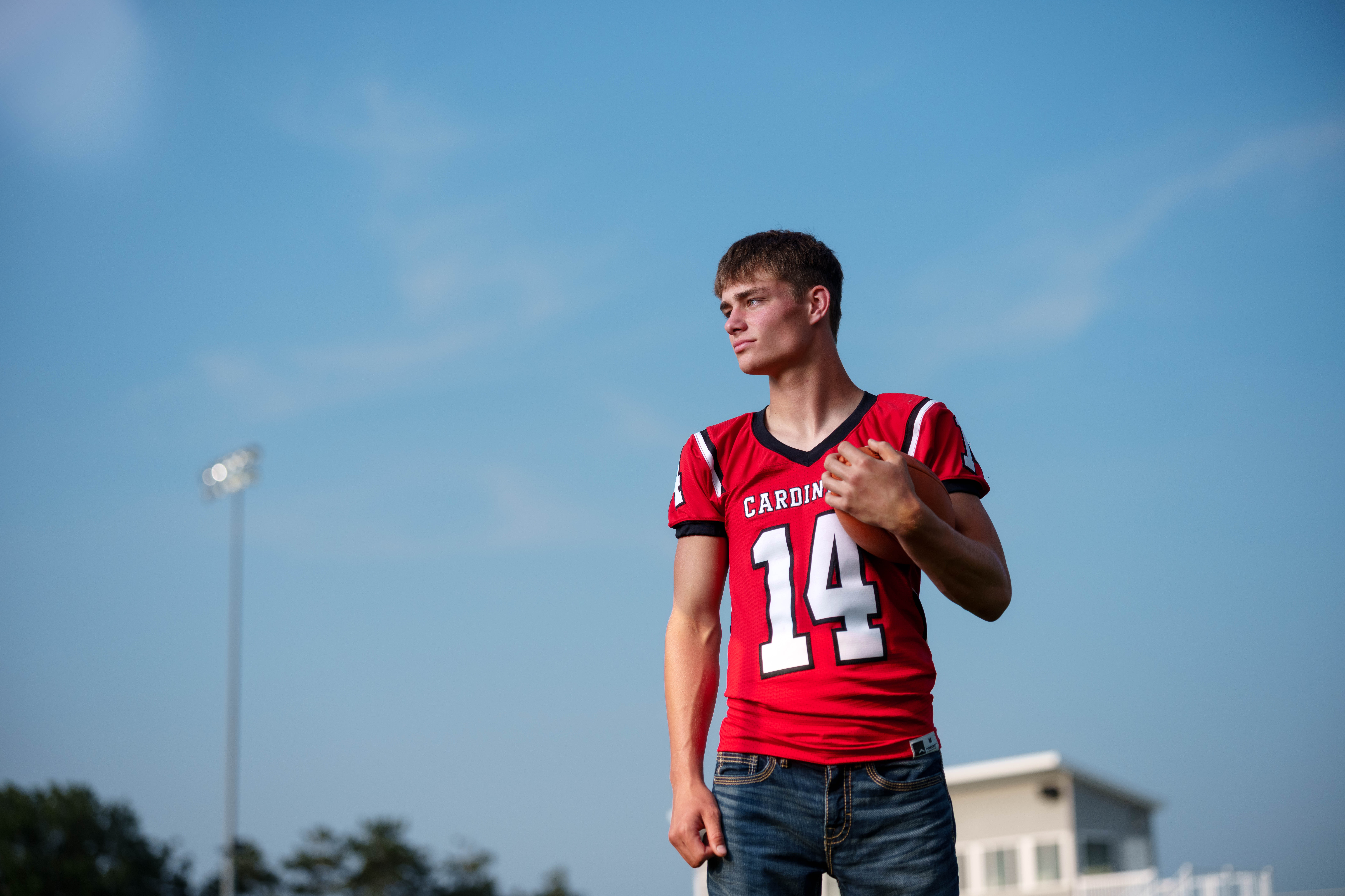 Jayden Brown poses for senior photos at Brodhead High School in Brodhead, Wisconsin on August 4th, 2025. Brown will graduate in 2026. Photography by Ross Harried for Second Crop Creative.