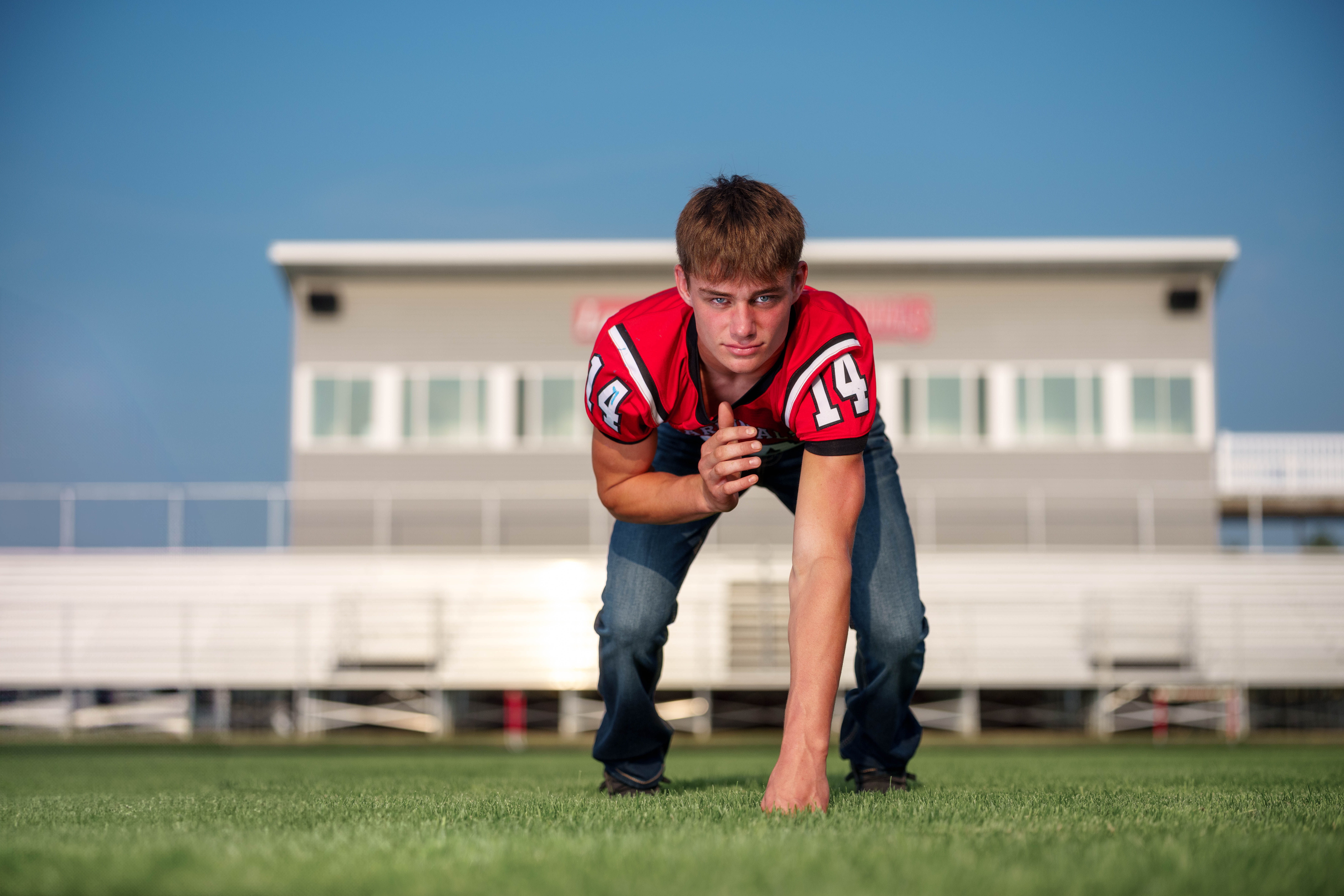 Jayden Brown poses for senior photos at Brodhead High School in Brodhead, Wisconsin on August 4th, 2025. Brown will graduate in 2026. Photography by Ross Harried for Second Crop Creative.