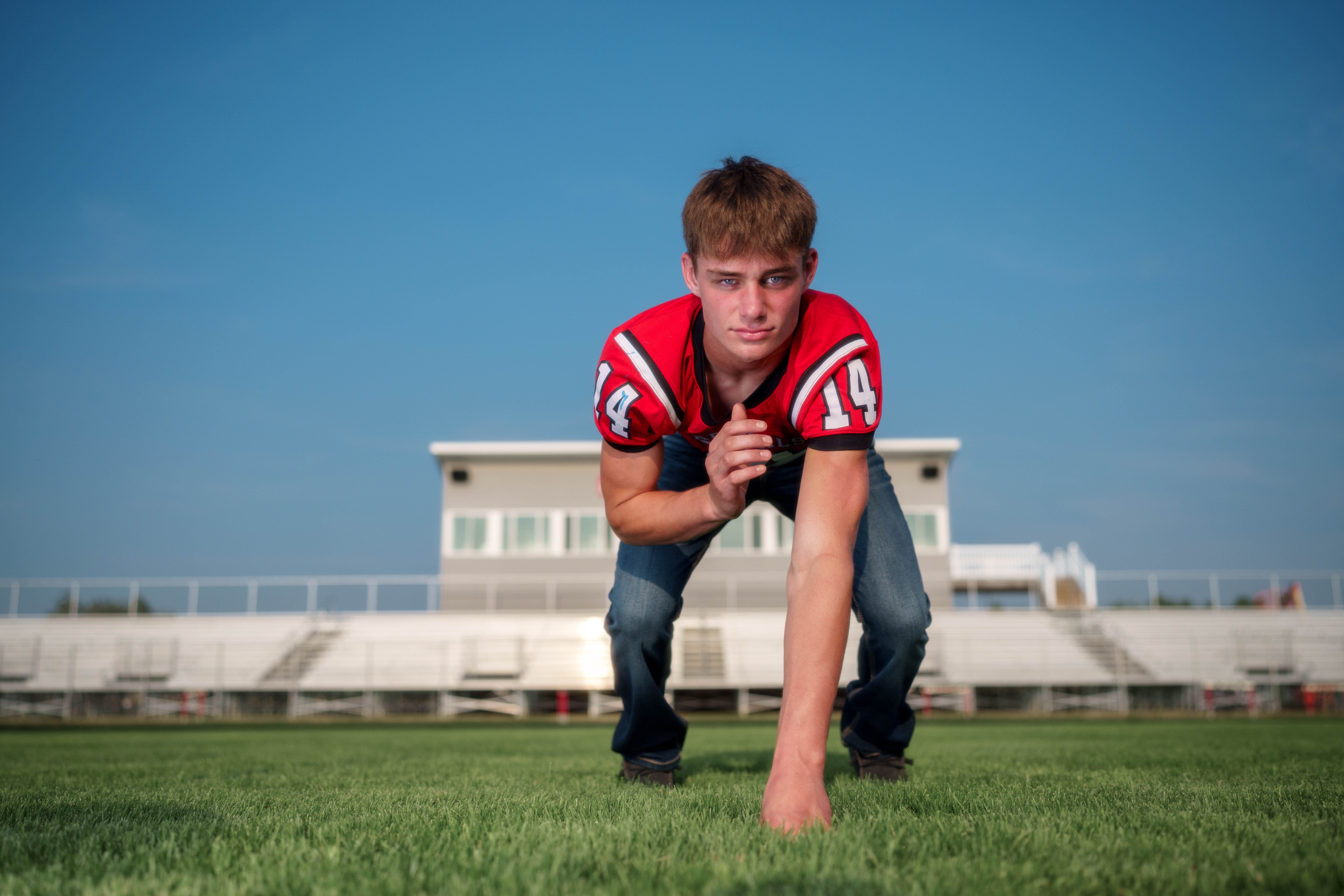 Jayden Brown poses for senior photos at Brodhead High School in Brodhead, Wisconsin on August 4th, 2025. Brown will graduate in 2026. Photography by Ross Harried for Second Crop Creative.