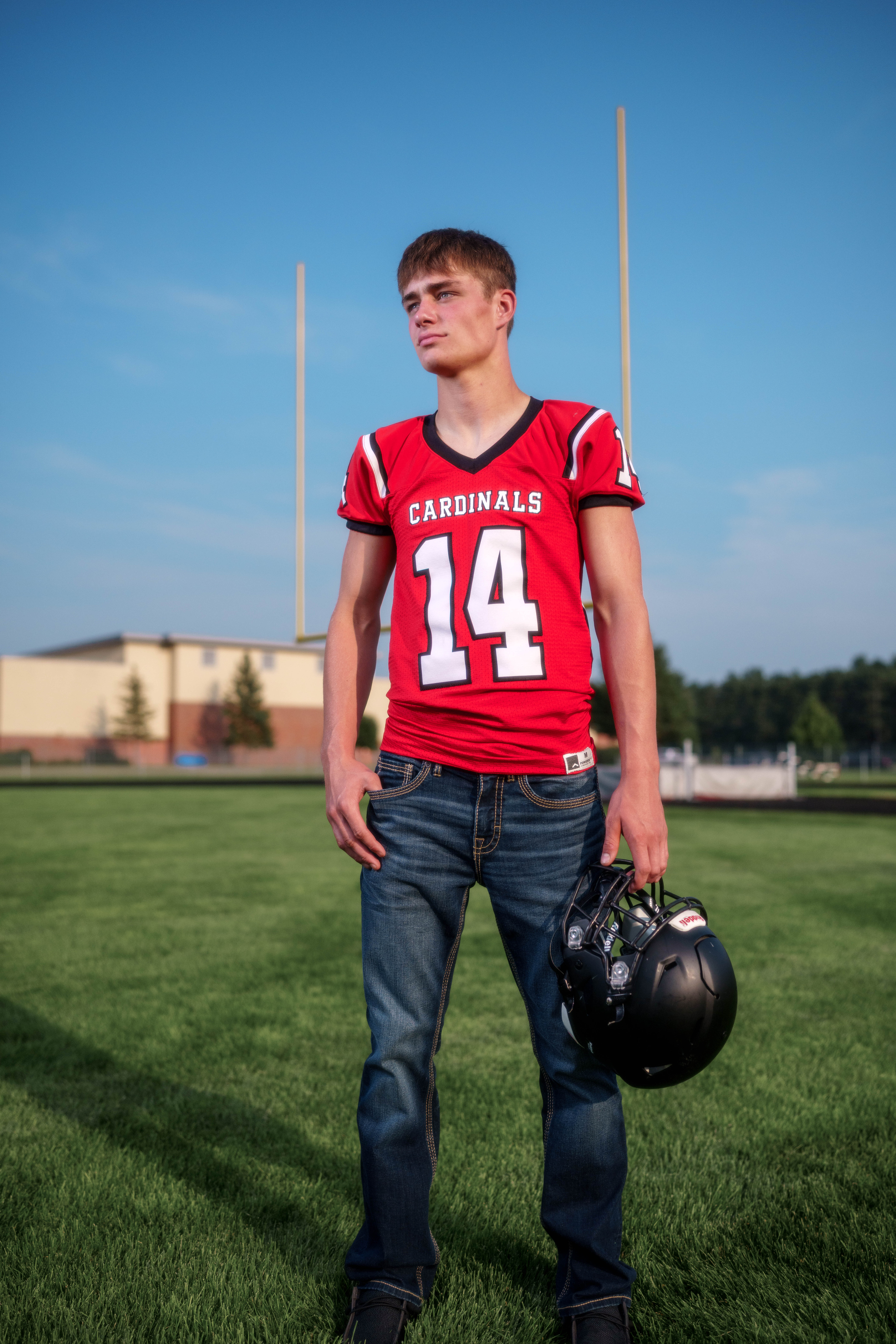 Jayden Brown poses for senior photos at Brodhead High School in Brodhead, Wisconsin on August 4th, 2025. Brown will graduate in 2026. Photography by Ross Harried for Second Crop Creative.