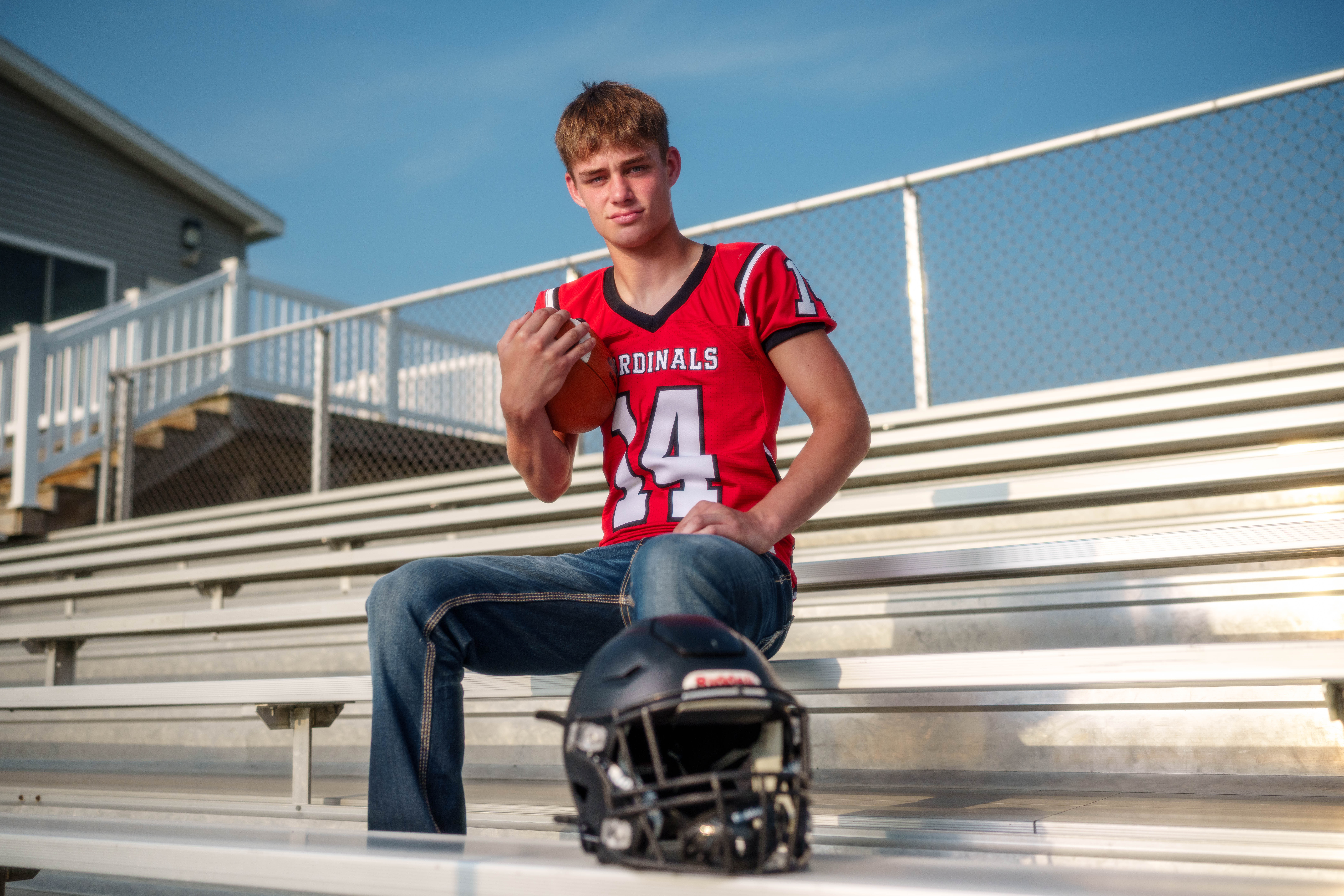 Jayden Brown poses for senior photos at Brodhead High School in Brodhead, Wisconsin on August 4th, 2025. Brown will graduate in 2026. Photography by Ross Harried for Second Crop Creative.