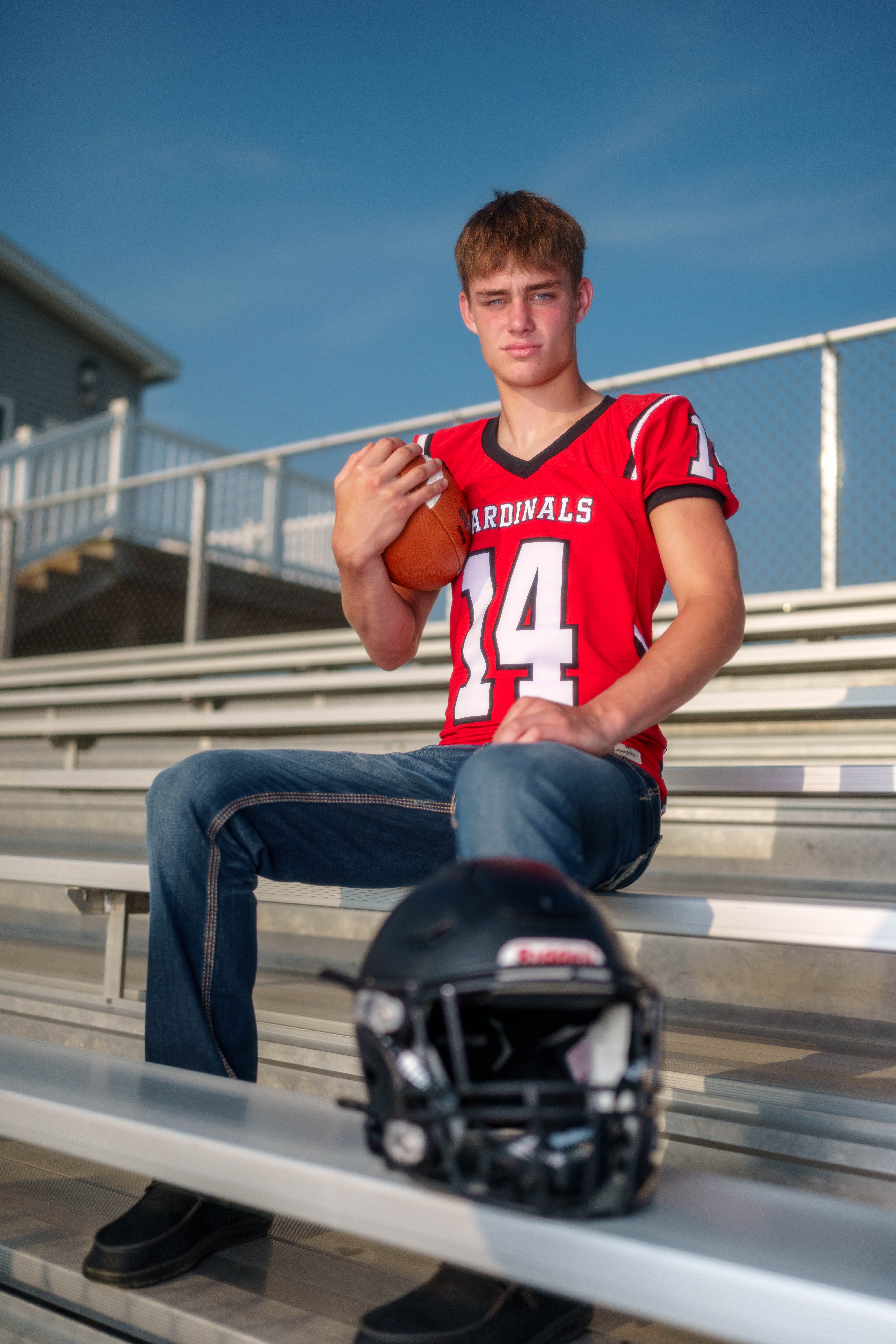 Jayden Brown poses for senior photos at Brodhead High School in Brodhead, Wisconsin on August 4th, 2025. Brown will graduate in 2026. Photography by Ross Harried for Second Crop Creative.