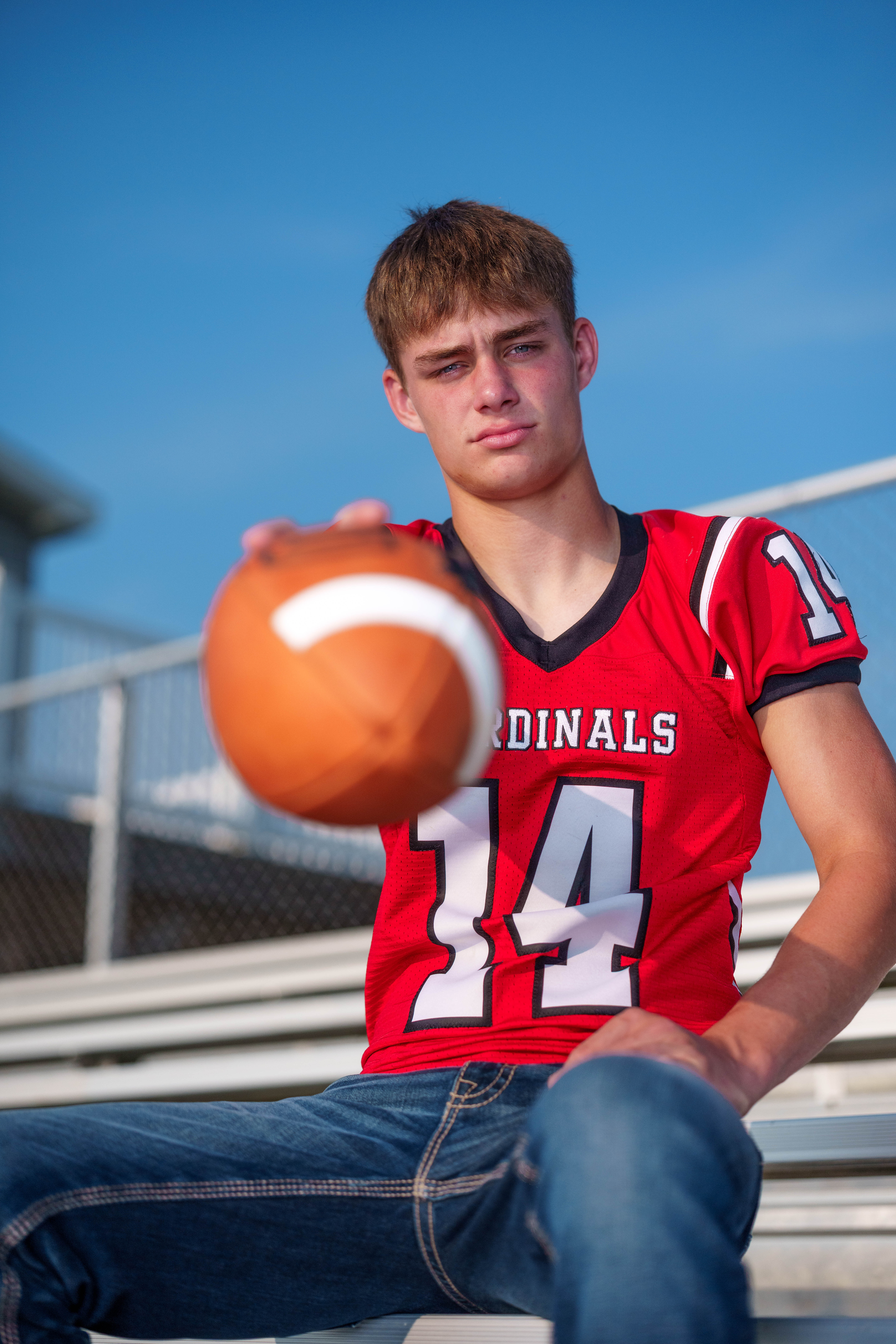 Jayden Brown poses for senior photos at Brodhead High School in Brodhead, Wisconsin on August 4th, 2025. Brown will graduate in 2026. Photography by Ross Harried for Second Crop Creative.
