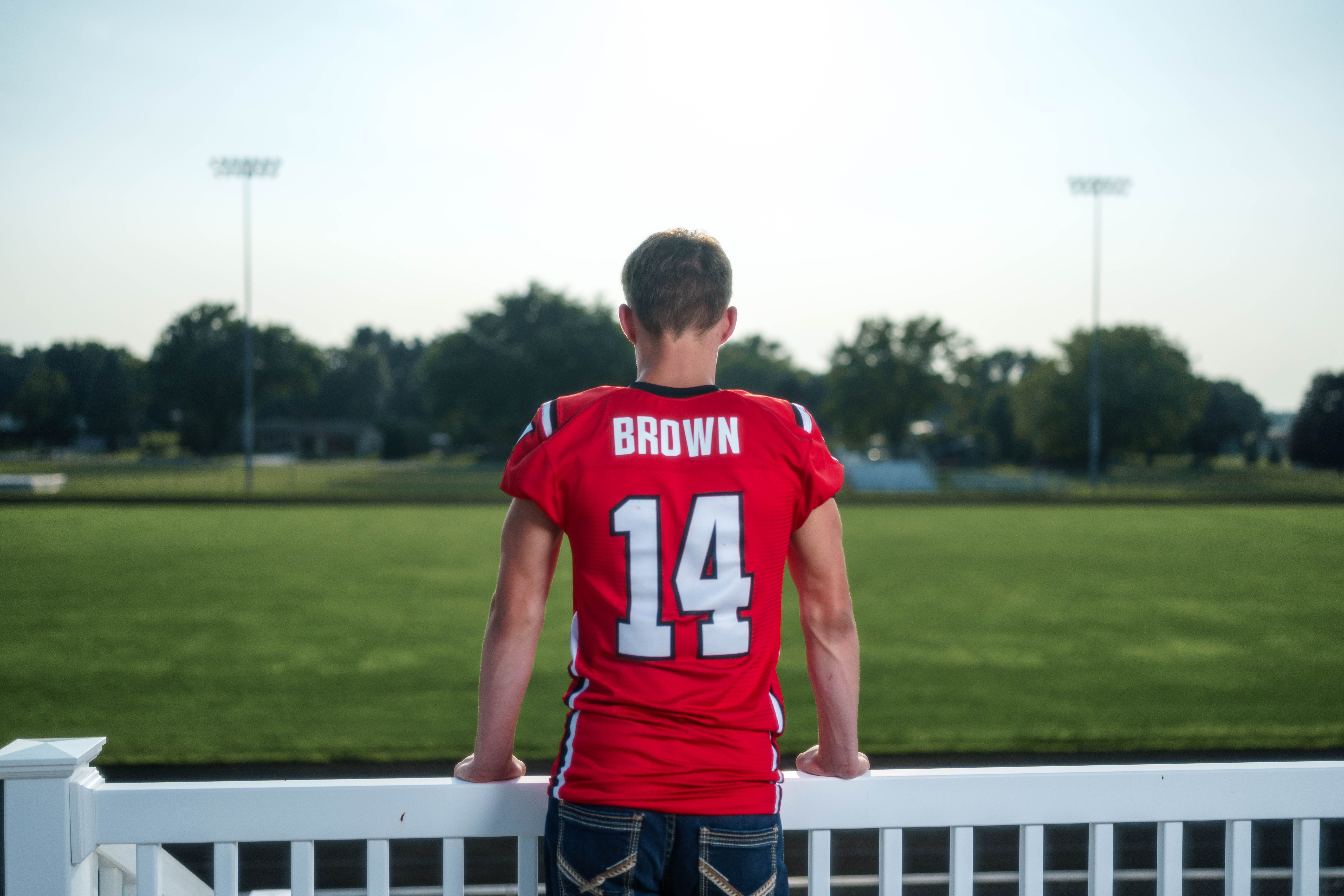 Jayden Brown poses for senior photos at Brodhead High School in Brodhead, Wisconsin on August 4th, 2025. Brown will graduate in 2026. Photography by Ross Harried for Second Crop Creative.
