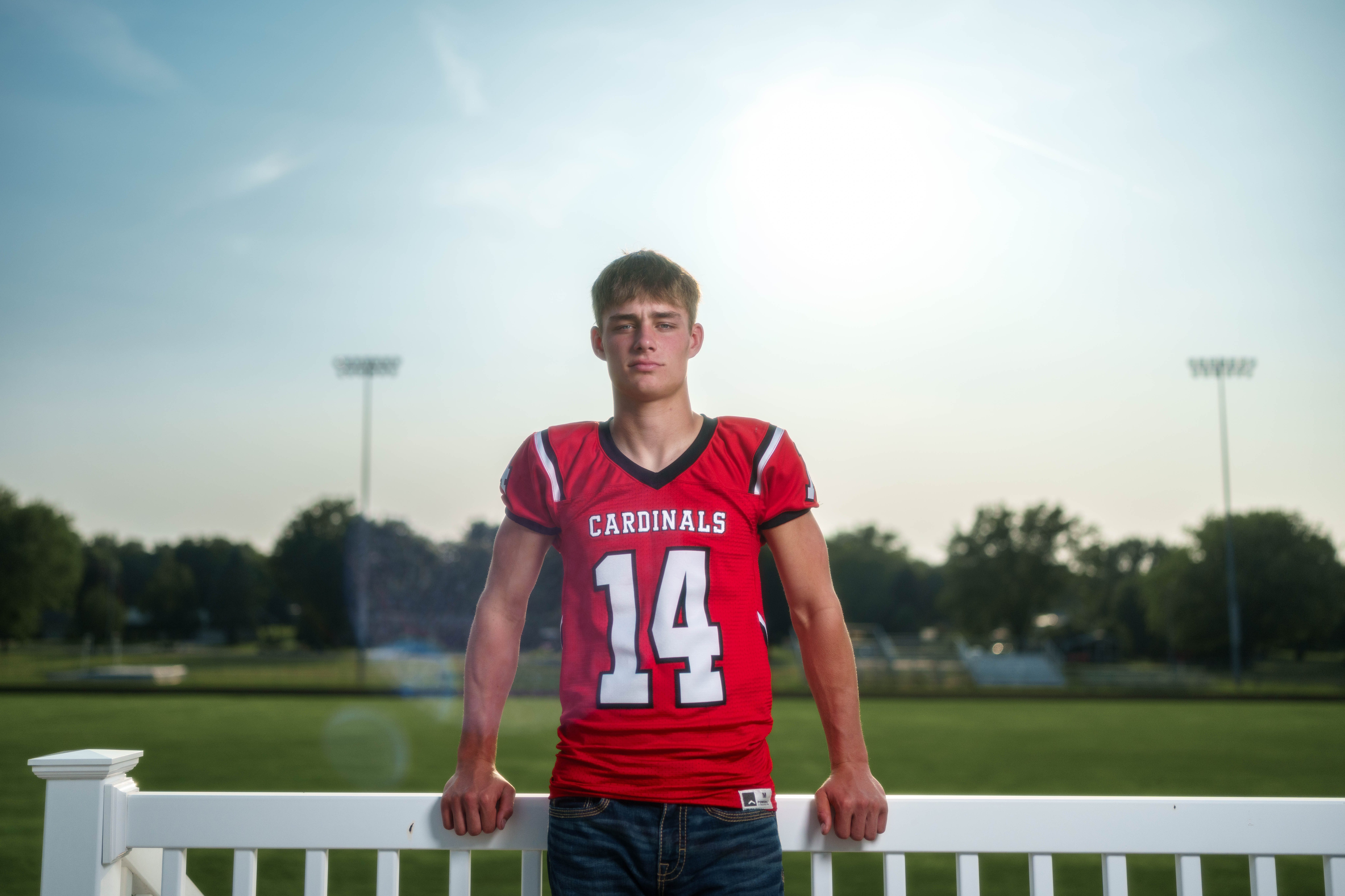 Jayden Brown poses for senior photos at Brodhead High School in Brodhead, Wisconsin on August 4th, 2025. Brown will graduate in 2026. Photography by Ross Harried for Second Crop Creative.