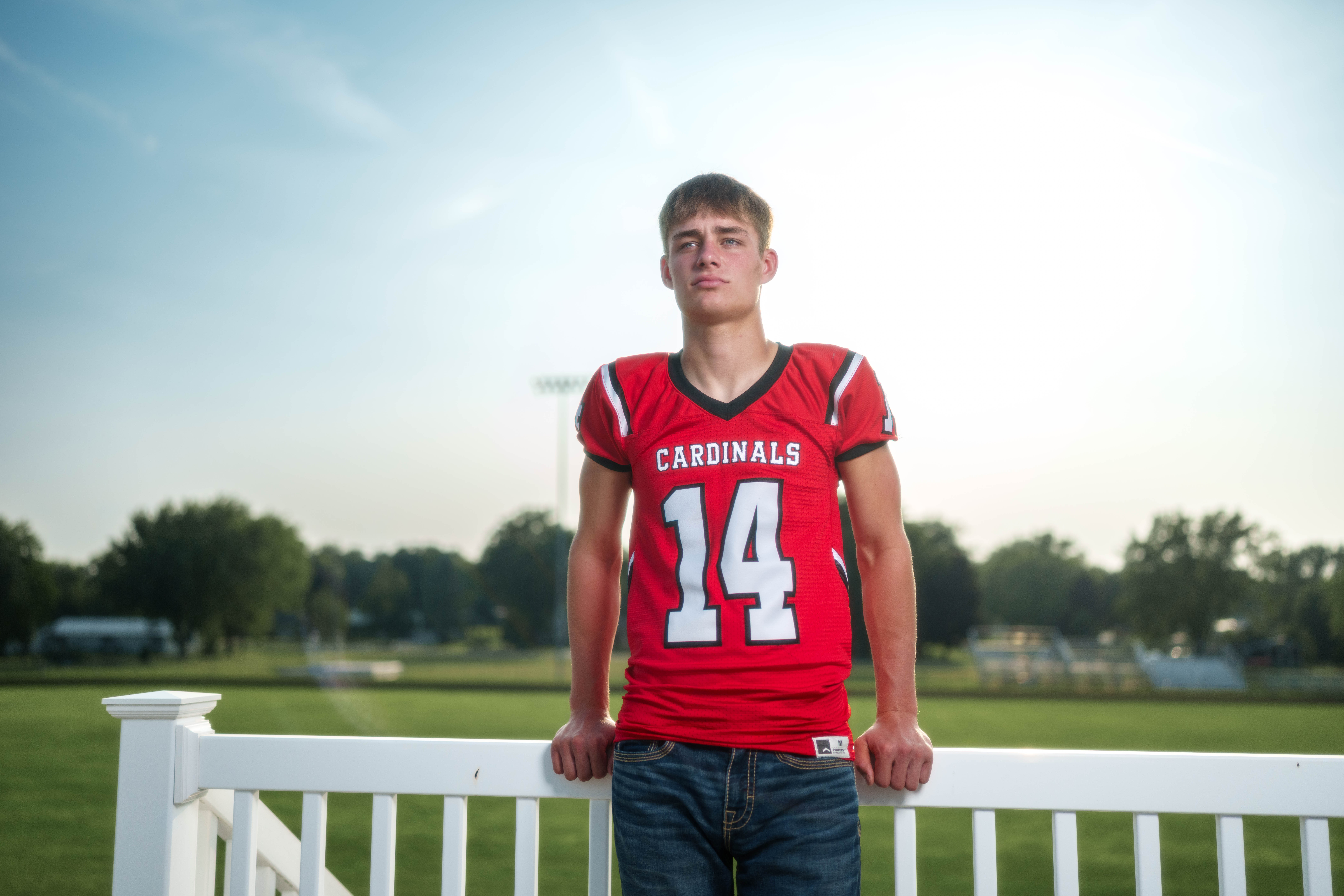 Jayden Brown poses for senior photos at Brodhead High School in Brodhead, Wisconsin on August 4th, 2025. Brown will graduate in 2026. Photography by Ross Harried for Second Crop Creative.