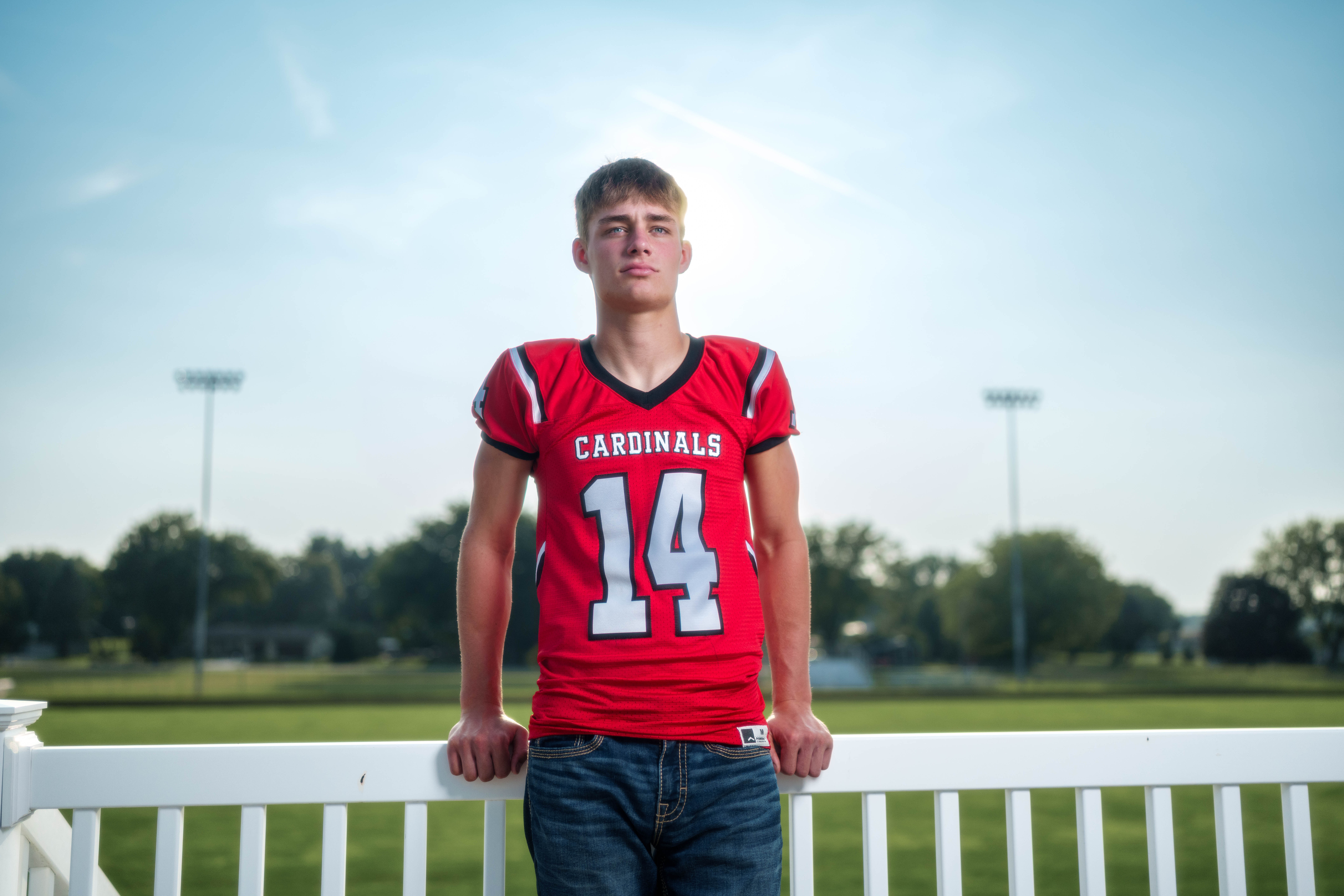 Jayden Brown poses for senior photos at Brodhead High School in Brodhead, Wisconsin on August 4th, 2025. Brown will graduate in 2026. Photography by Ross Harried for Second Crop Creative.