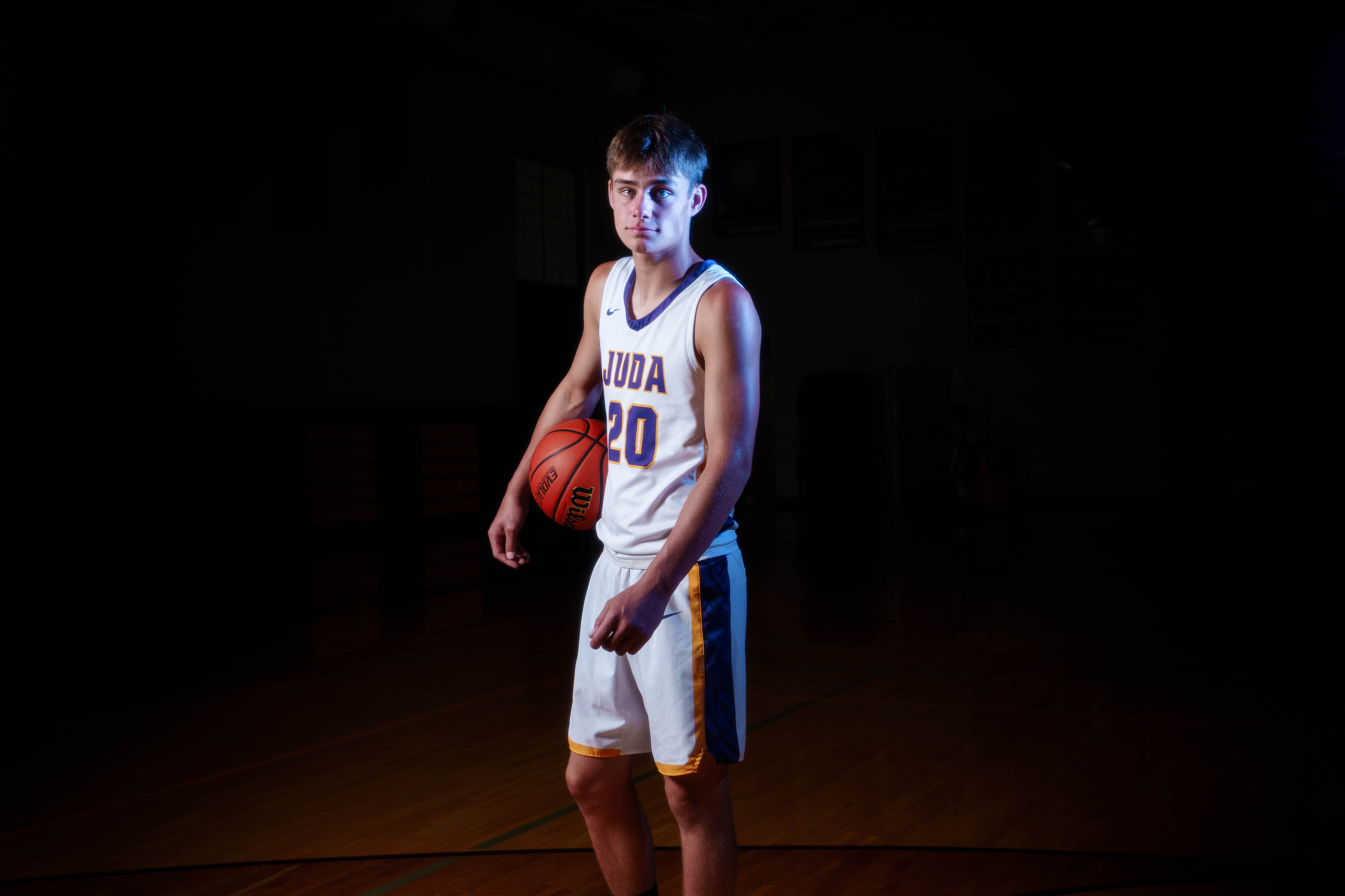 Jayden Brown poses for senior photos at Juda High School in Juda, Wisconsin on August 4th, 2025. Brown will graduate in 2026. Photography by Ross Harried for Second Crop Creative.