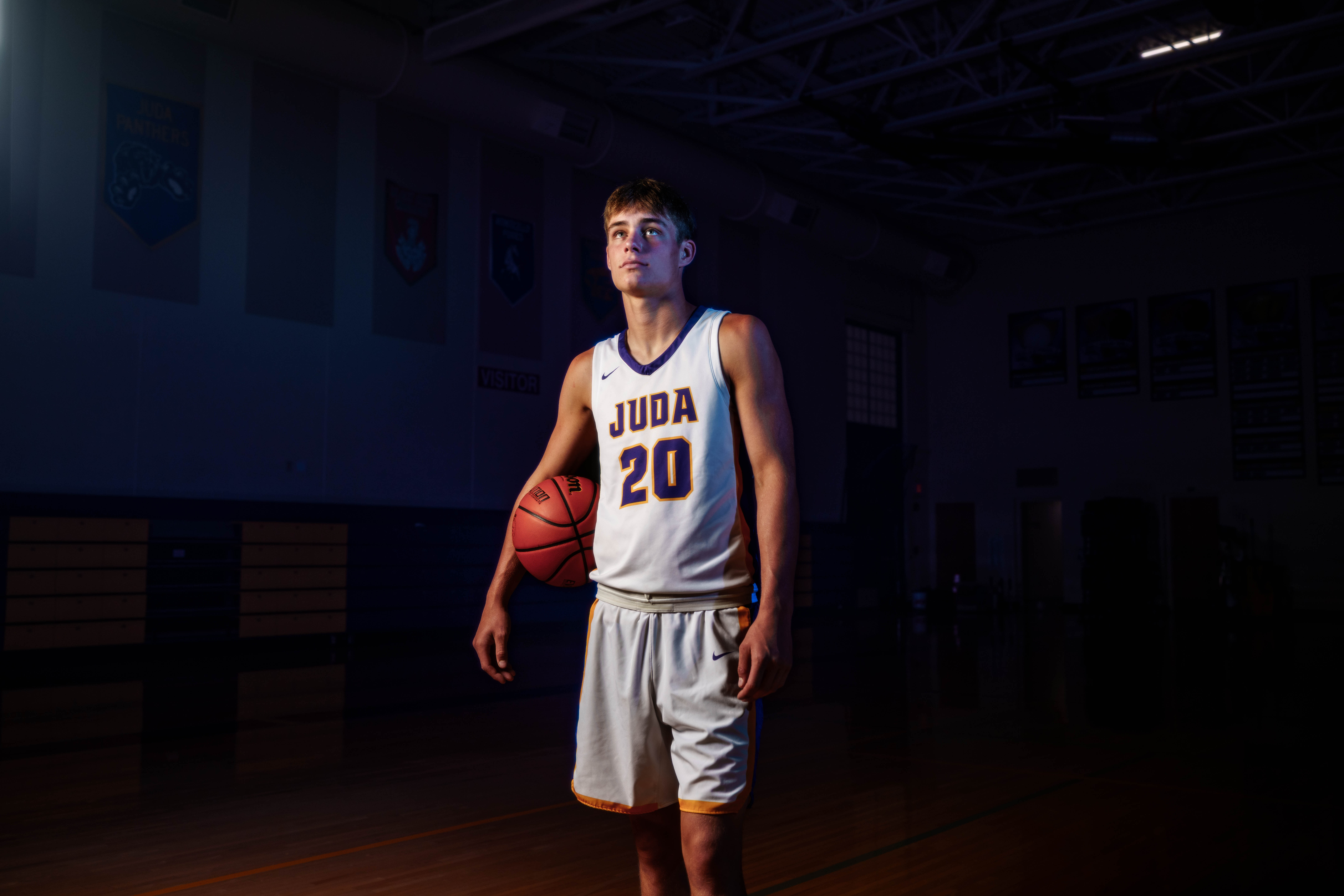 Jayden Brown poses for senior photos at Juda High School in Juda, Wisconsin on August 4th, 2025. Brown will graduate in 2026. Photography by Ross Harried for Second Crop Creative.