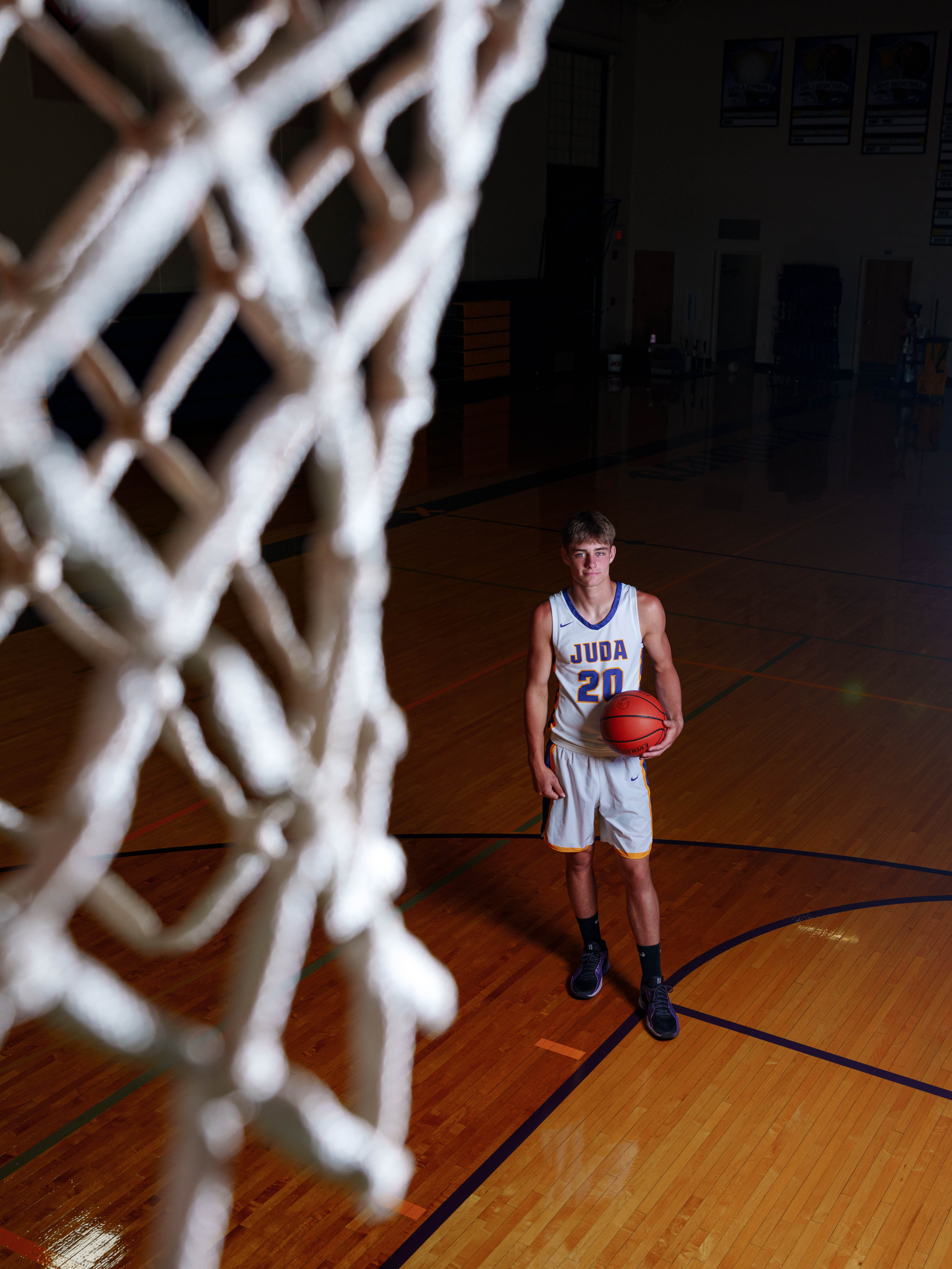 Jayden Brown poses for senior photos at Juda High School in Juda, Wisconsin on August 4th, 2025. Brown will graduate in 2026. Photography by Ross Harried for Second Crop Creative.