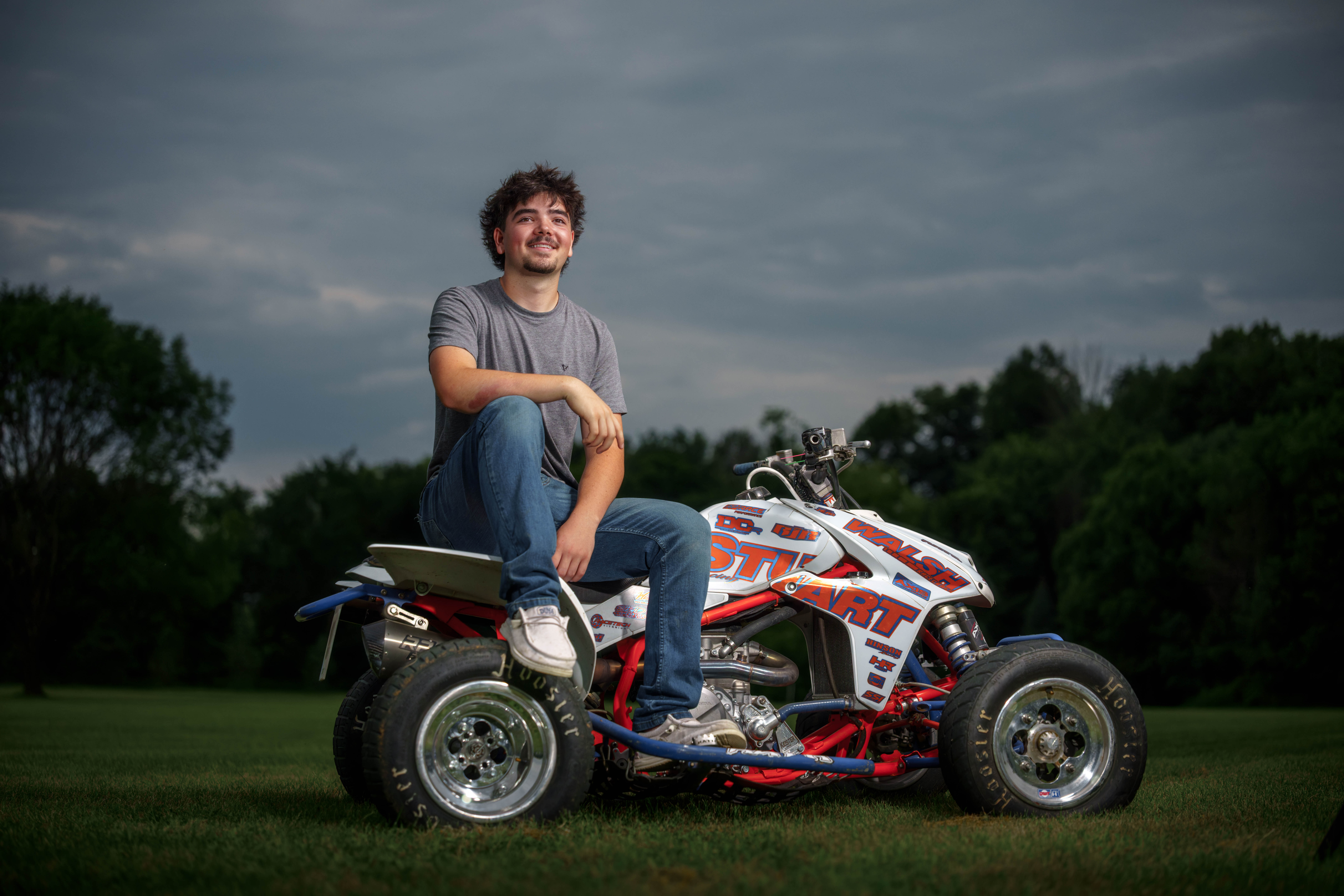 Brady Stuart poses for senior photos outside Monroe Wisconsin on August 4th, 2025. Stuart will graduate in 2026. Photography by Ross Harried for Second Crop Creative.