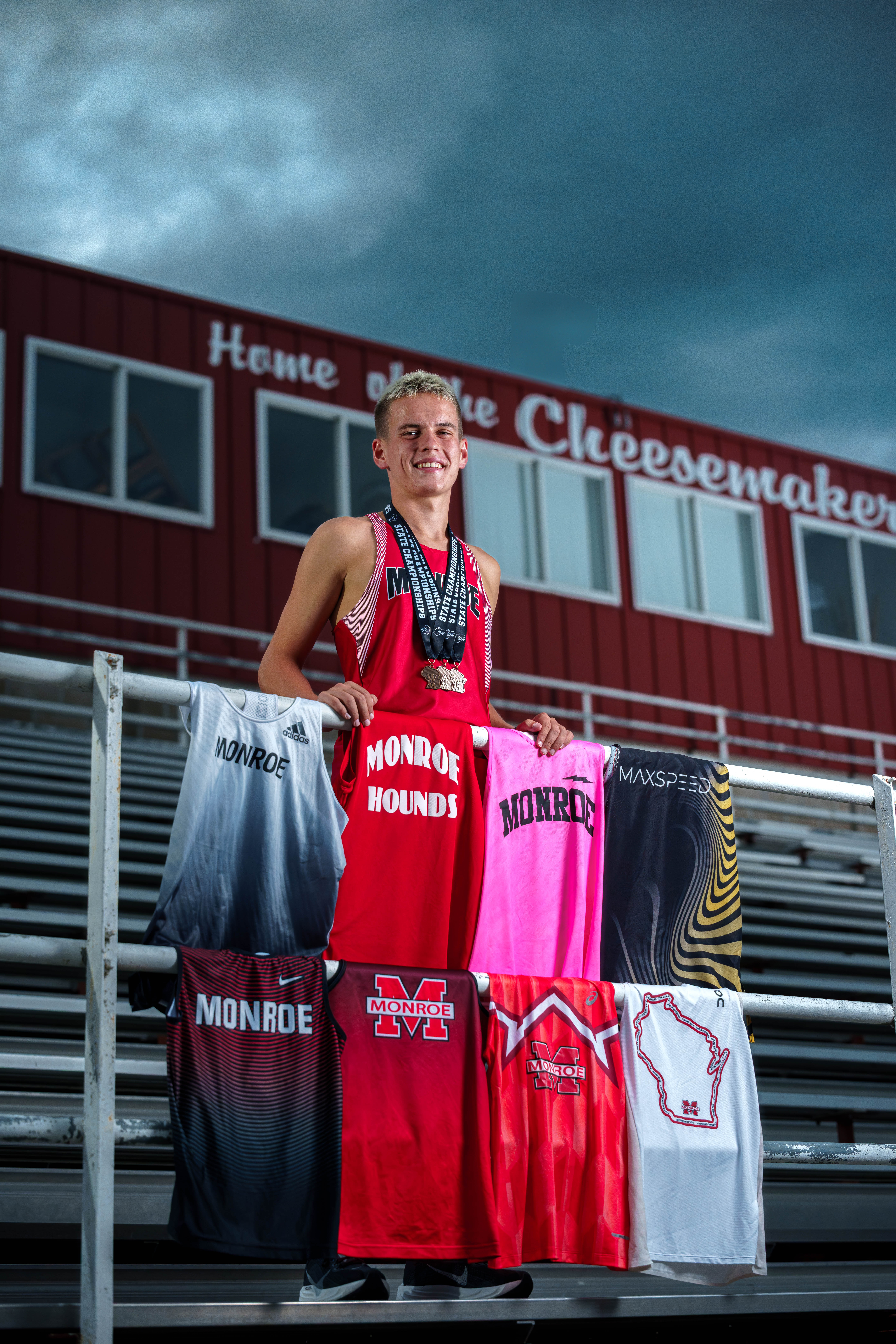 Tre Dammen poses for senior photos in Monroe Wisconsin on August 11th, 2025. Dammen will graduate in 2026. Photography by Ross Harried for Second Crop Creative.