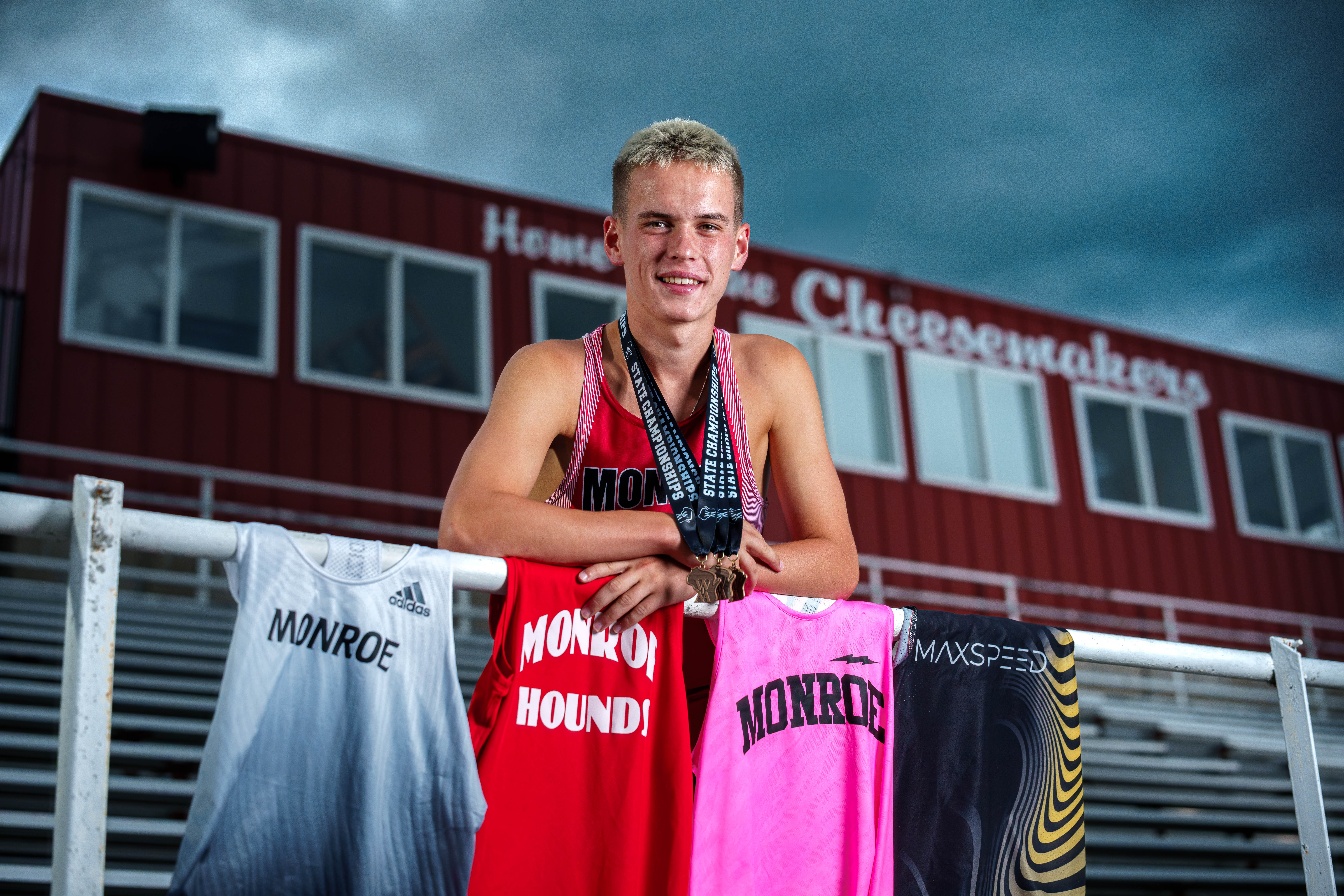 Tre Dammen poses for senior photos in Monroe Wisconsin on August 11th, 2025. Dammen will graduate in 2026. Photography by Ross Harried for Second Crop Creative.