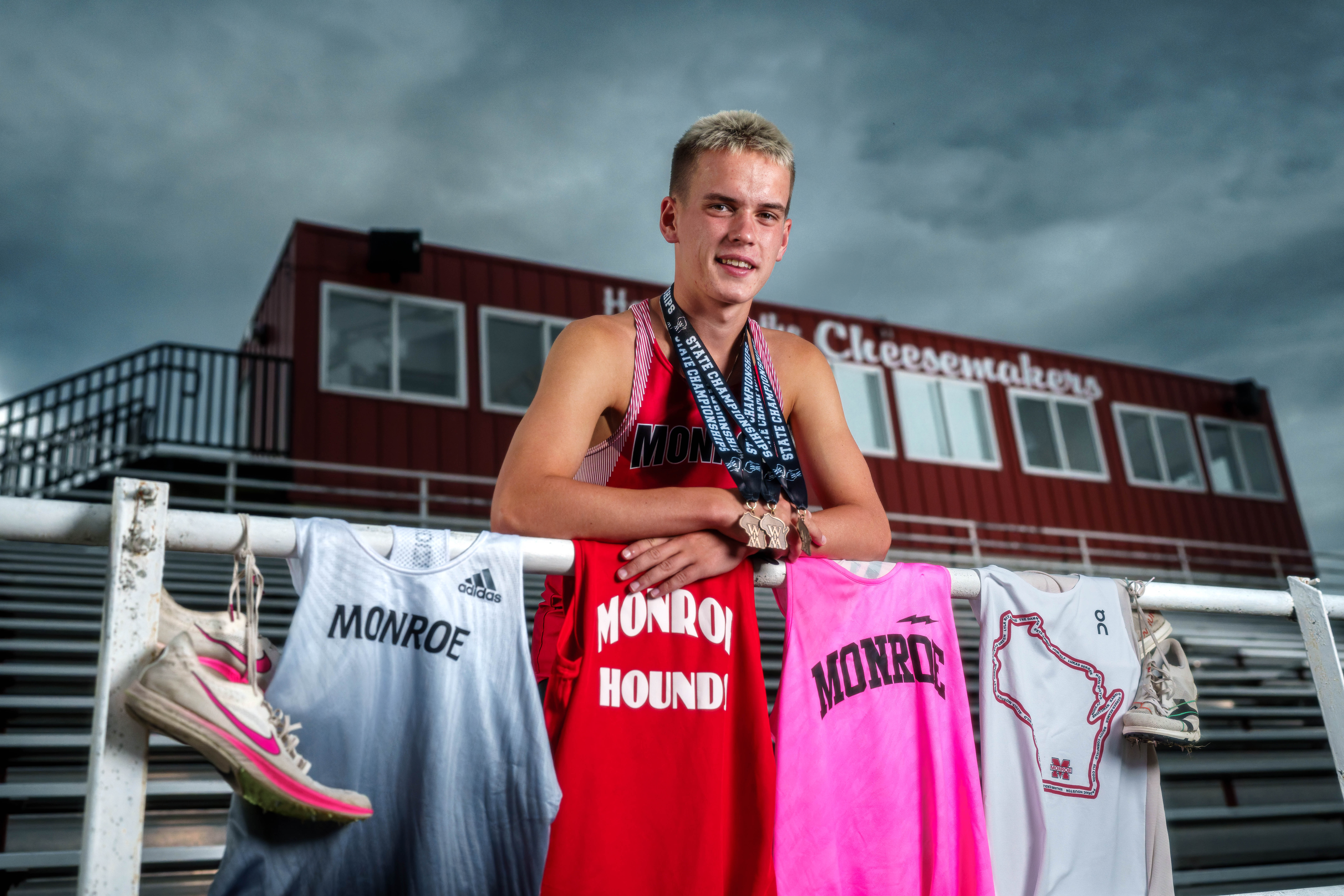Tre Dammen poses for senior photos in Monroe Wisconsin on August 11th, 2025. Dammen will graduate in 2026. Photography by Ross Harried for Second Crop Creative.
