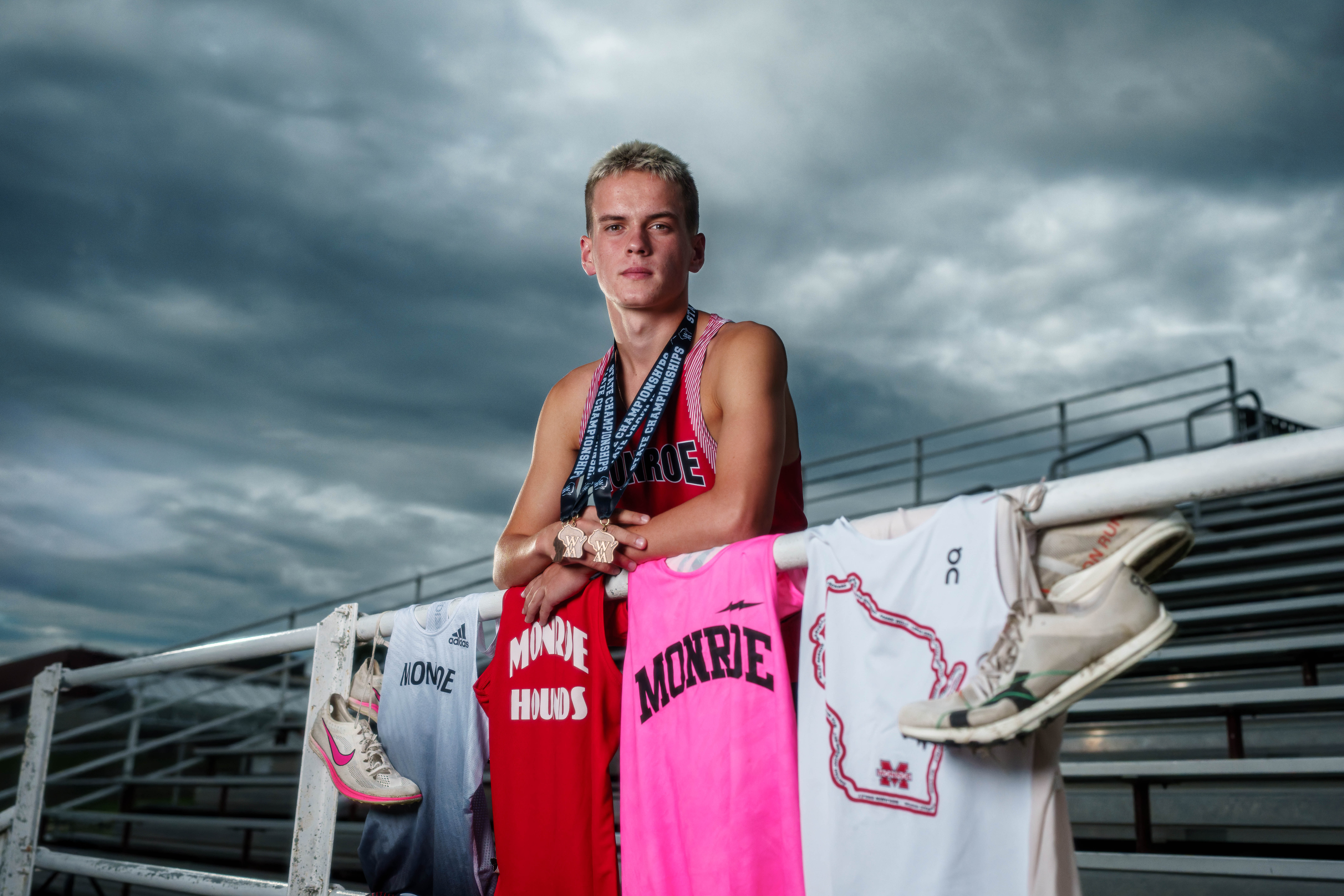 Tre Dammen poses for senior photos in Monroe Wisconsin on August 11th, 2025. Dammen will graduate in 2026. Photography by Ross Harried for Second Crop Creative.