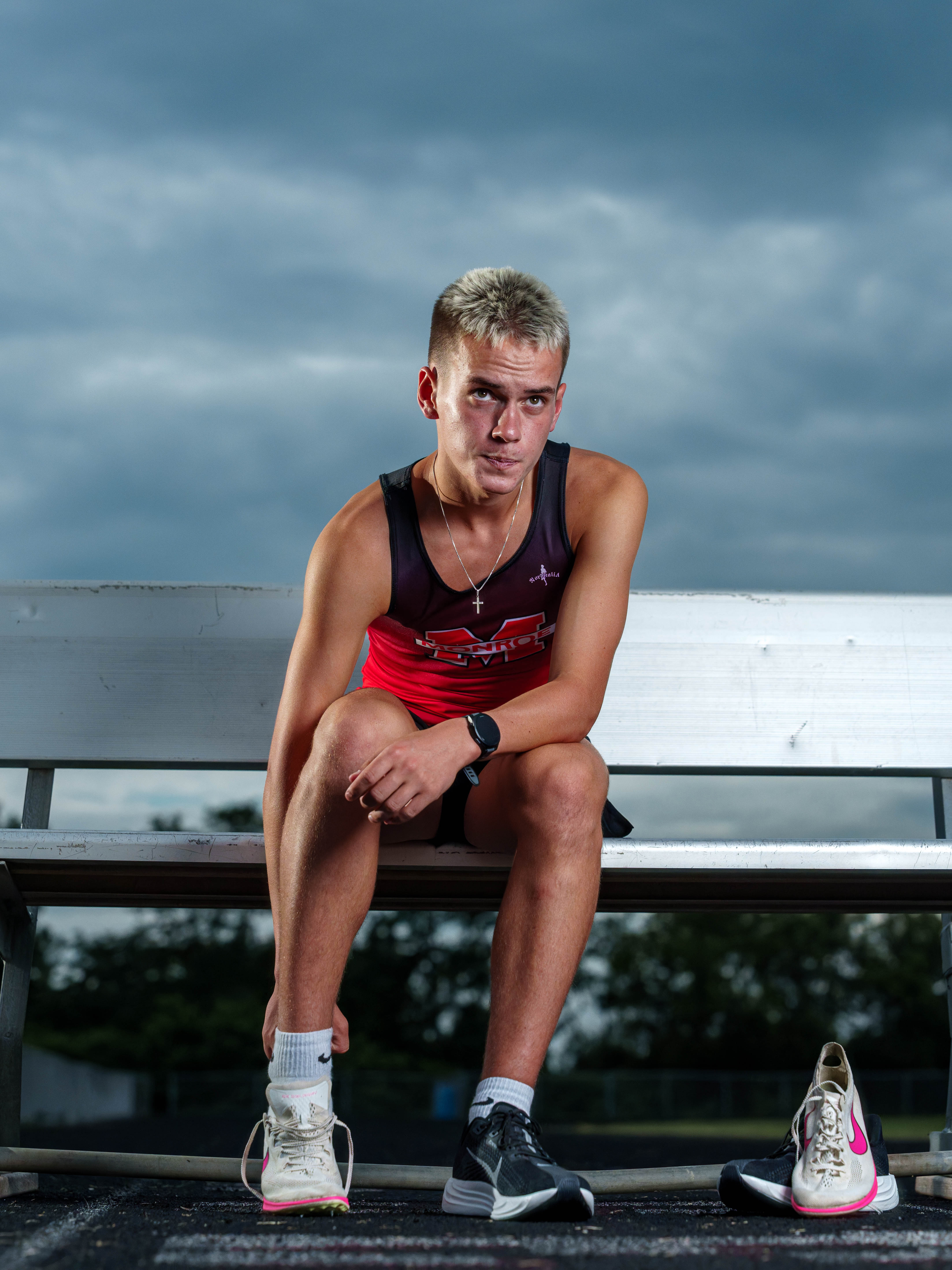 Tre Dammen poses for senior photos in Monroe Wisconsin on August 11th, 2025. Dammen will graduate in 2026. Photography by Ross Harried for Second Crop Creative.
