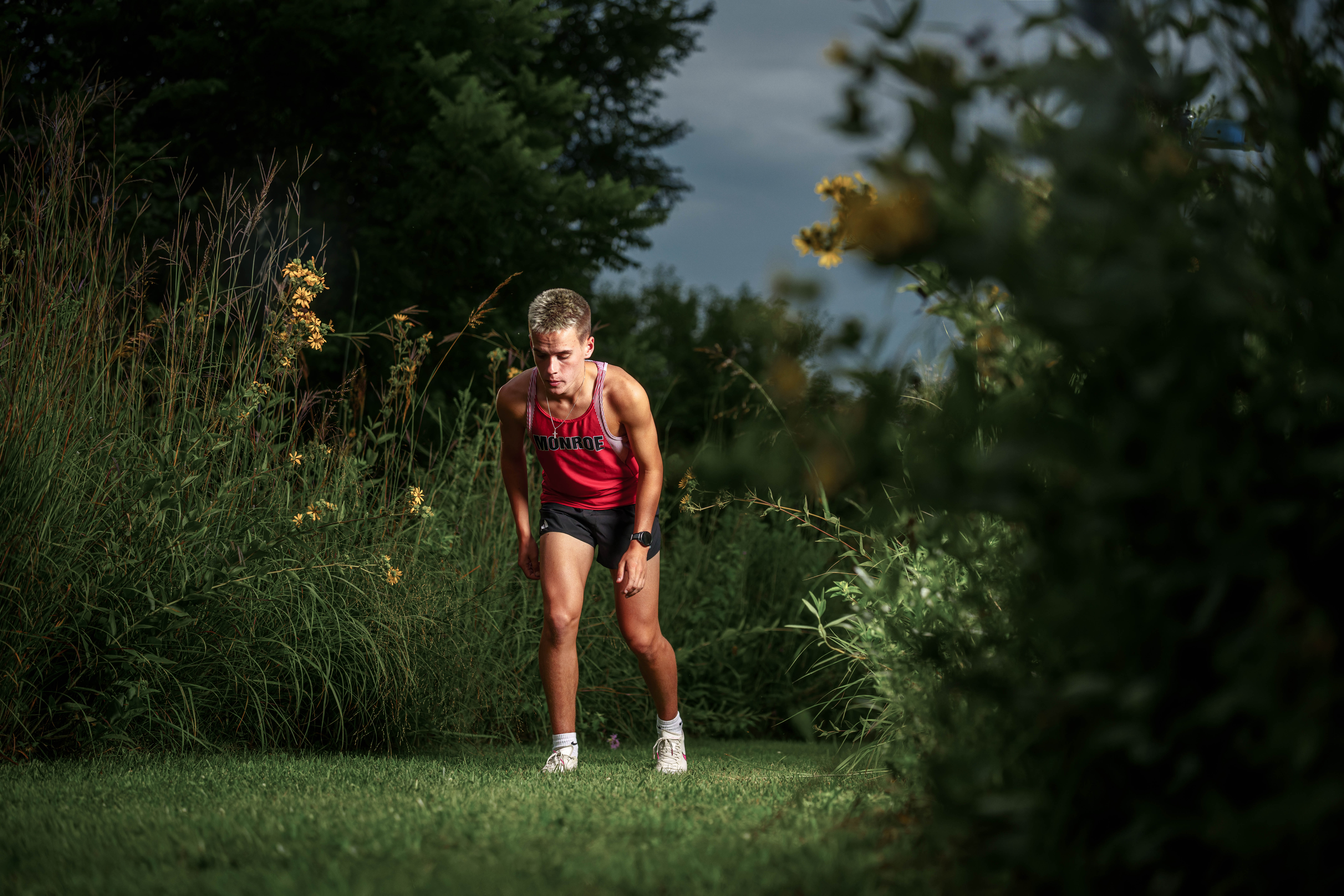 Tre Dammen poses for senior photos in Monroe Wisconsin on August 11th, 2025. Dammen will graduate in 2026. Photography by Ross Harried for Second Crop Creative.
