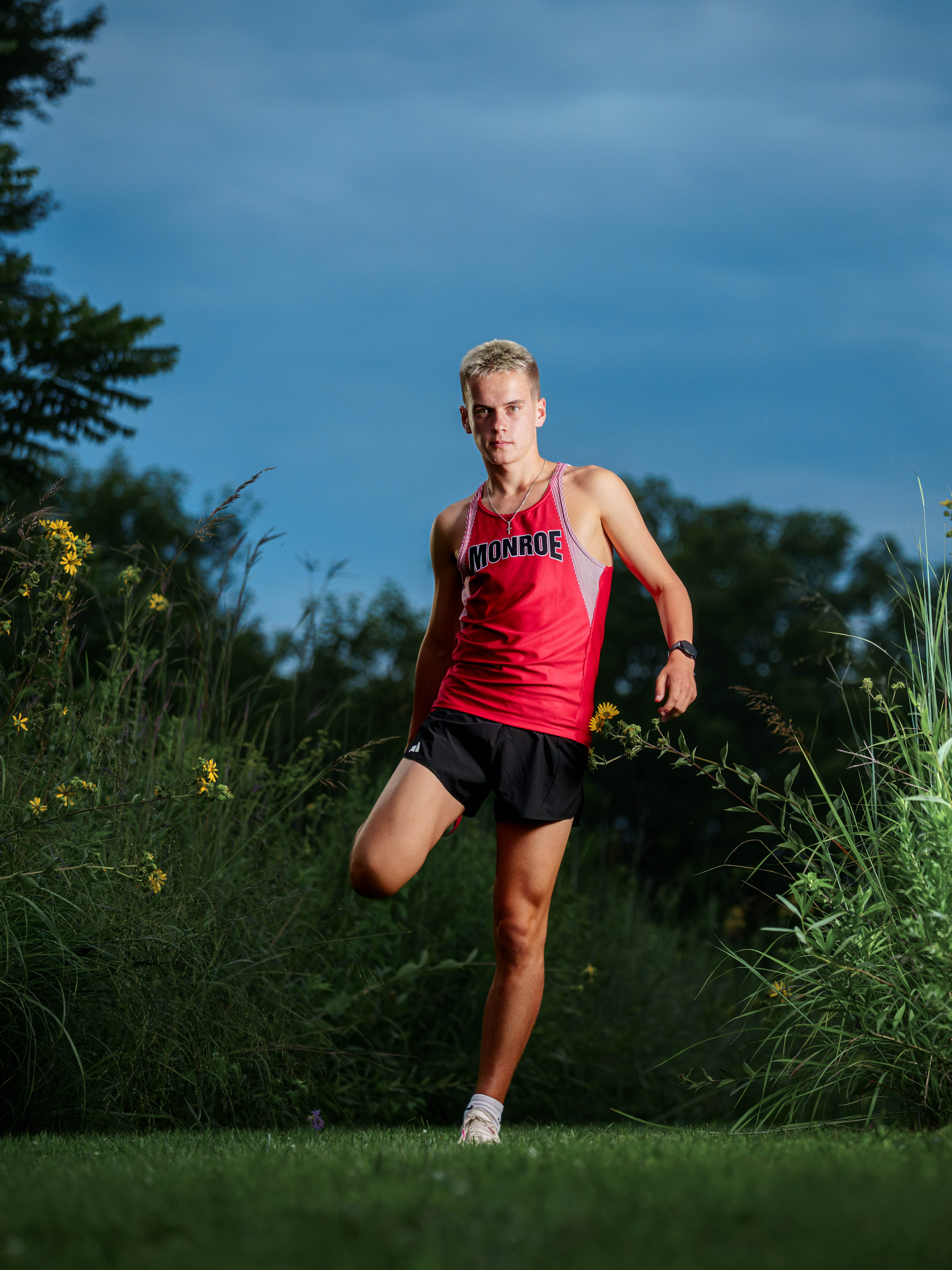 Tre Dammen poses for senior photos in Monroe Wisconsin on August 11th, 2025. Dammen will graduate in 2026. Photography by Ross Harried for Second Crop Creative.