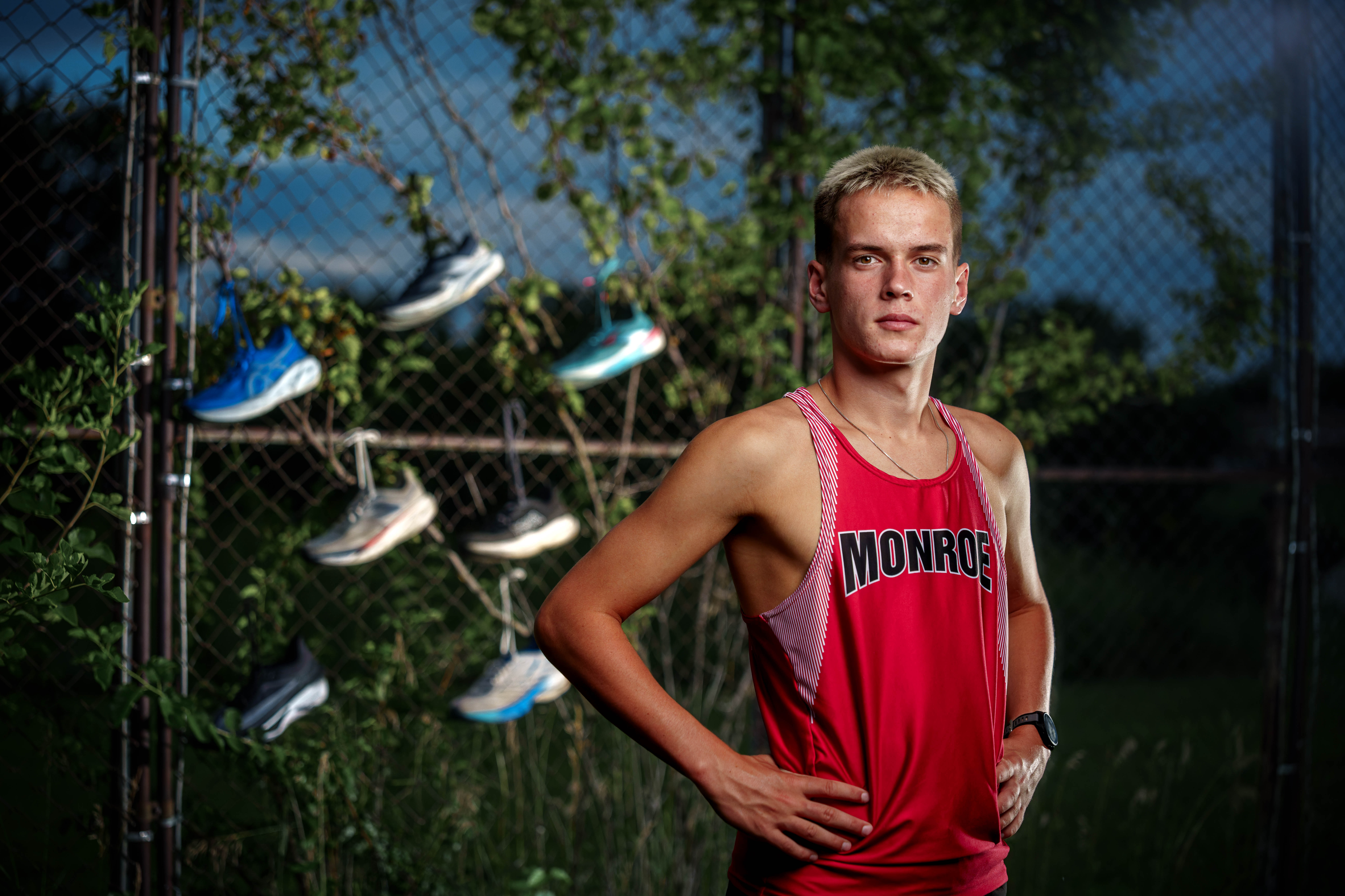 Tre Dammen poses for senior photos in Monroe Wisconsin on August 11th, 2025. Dammen will graduate in 2026. Photography by Ross Harried for Second Crop Creative.