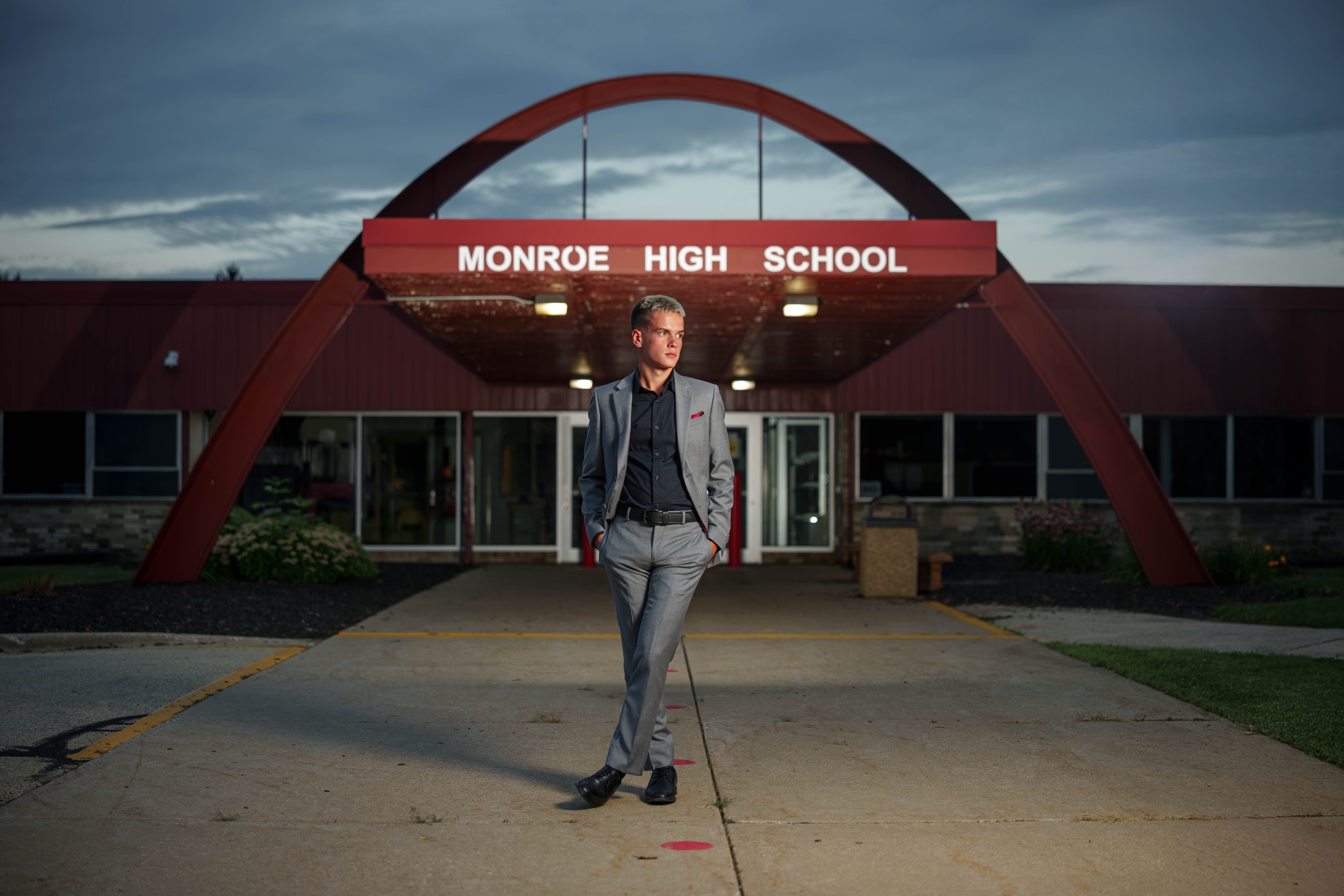 Tre Dammen poses for senior photos in Monroe Wisconsin on August 11th, 2025. Dammen will graduate in 2026. Photography by Ross Harried for Second Crop Creative.
