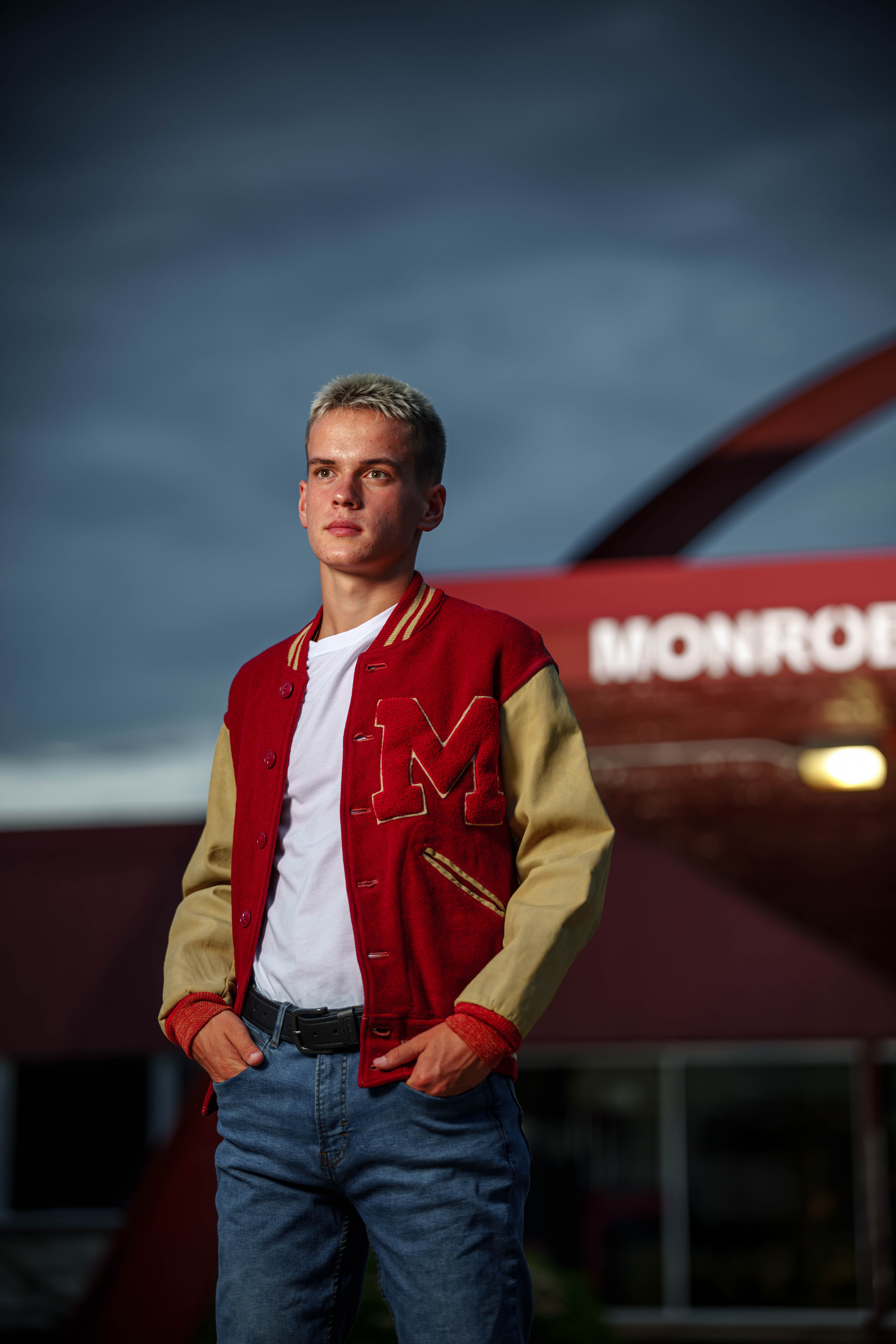Tre Dammen poses for senior photos in Monroe Wisconsin on August 11th, 2025. Dammen will graduate in 2026. Photography by Ross Harried for Second Crop Creative.