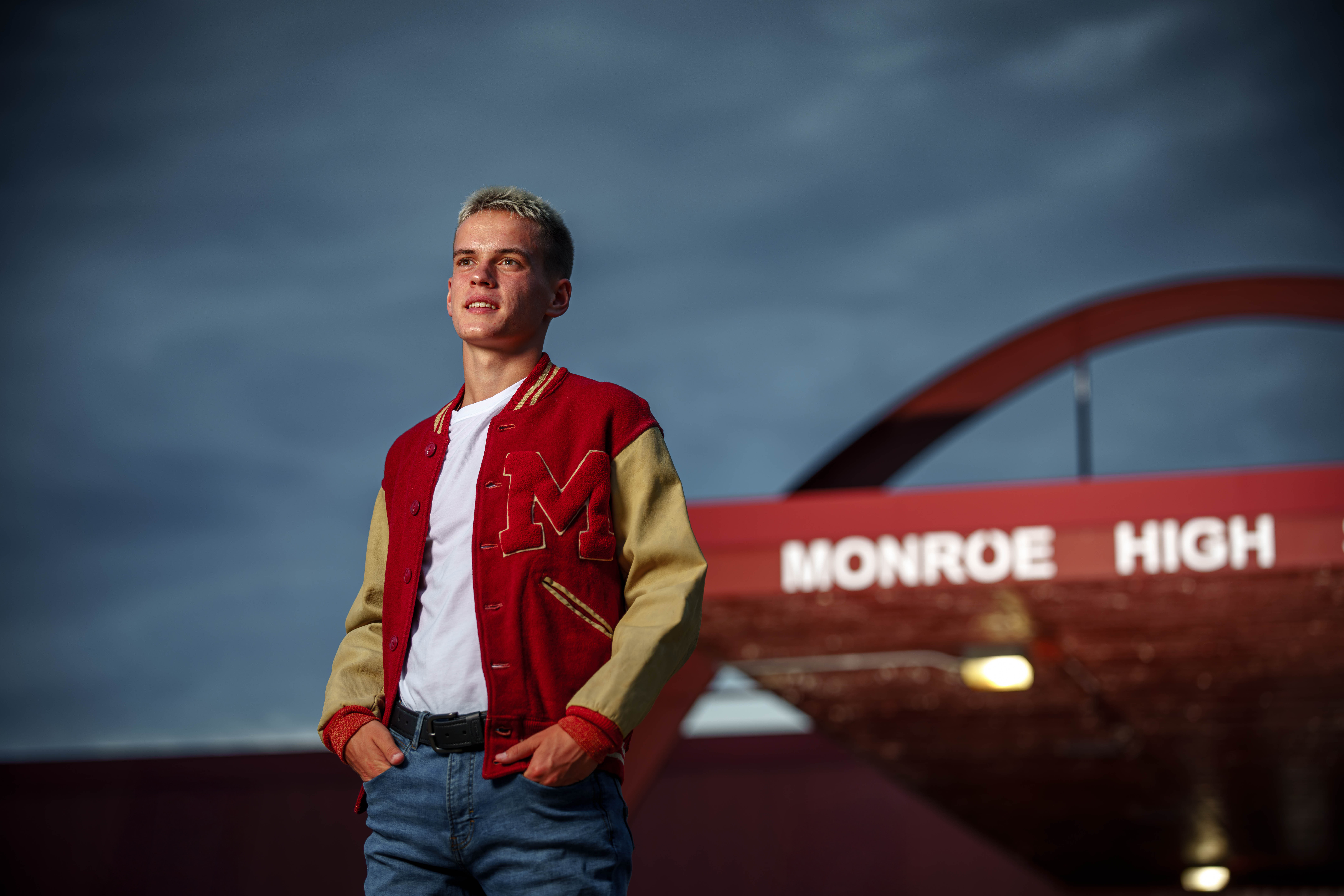 Tre Dammen poses for senior photos in Monroe Wisconsin on August 11th, 2025. Dammen will graduate in 2026. Photography by Ross Harried for Second Crop Creative.