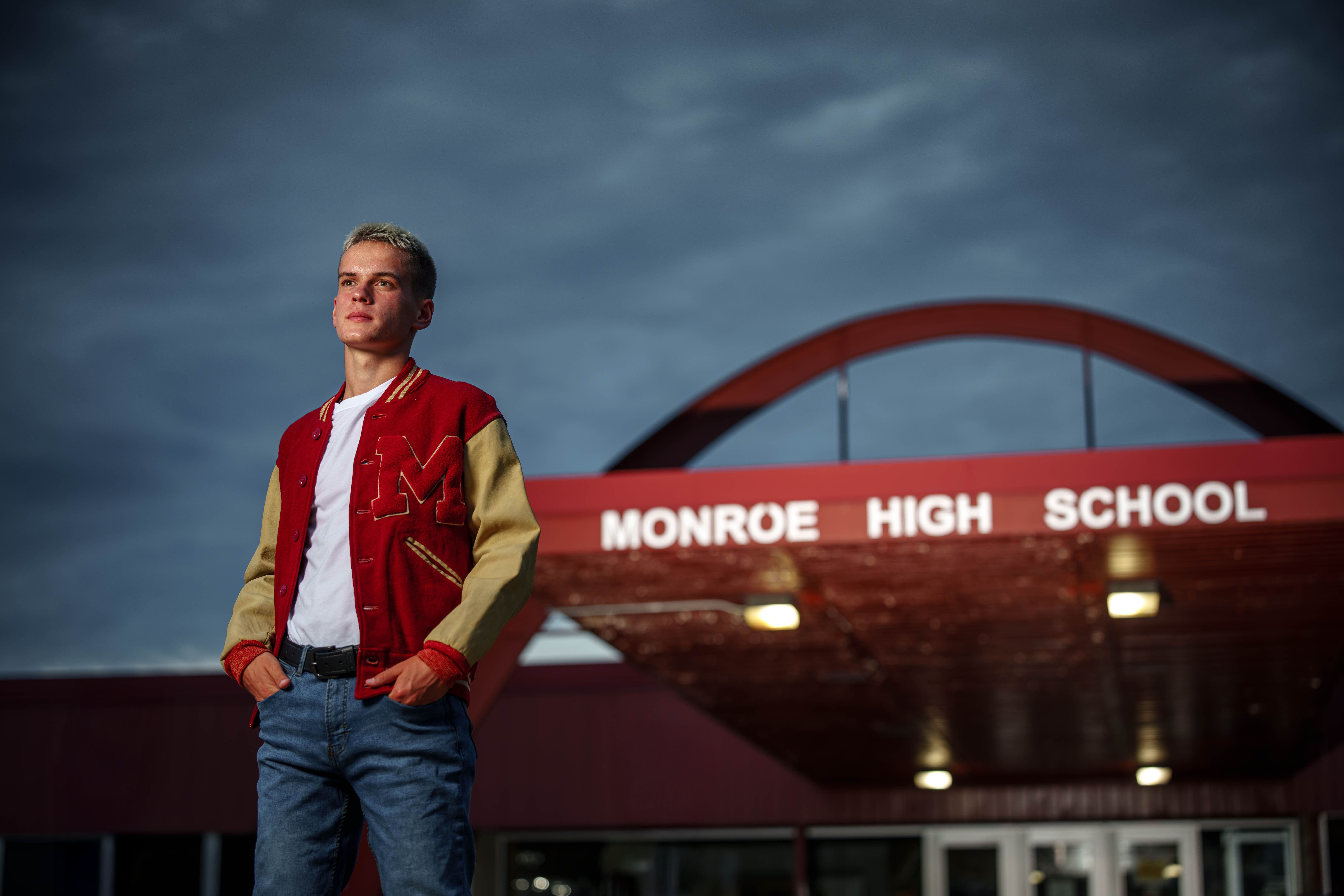 Tre Dammen poses for senior photos in Monroe Wisconsin on August 11th, 2025. Dammen will graduate in 2026. Photography by Ross Harried for Second Crop Creative.