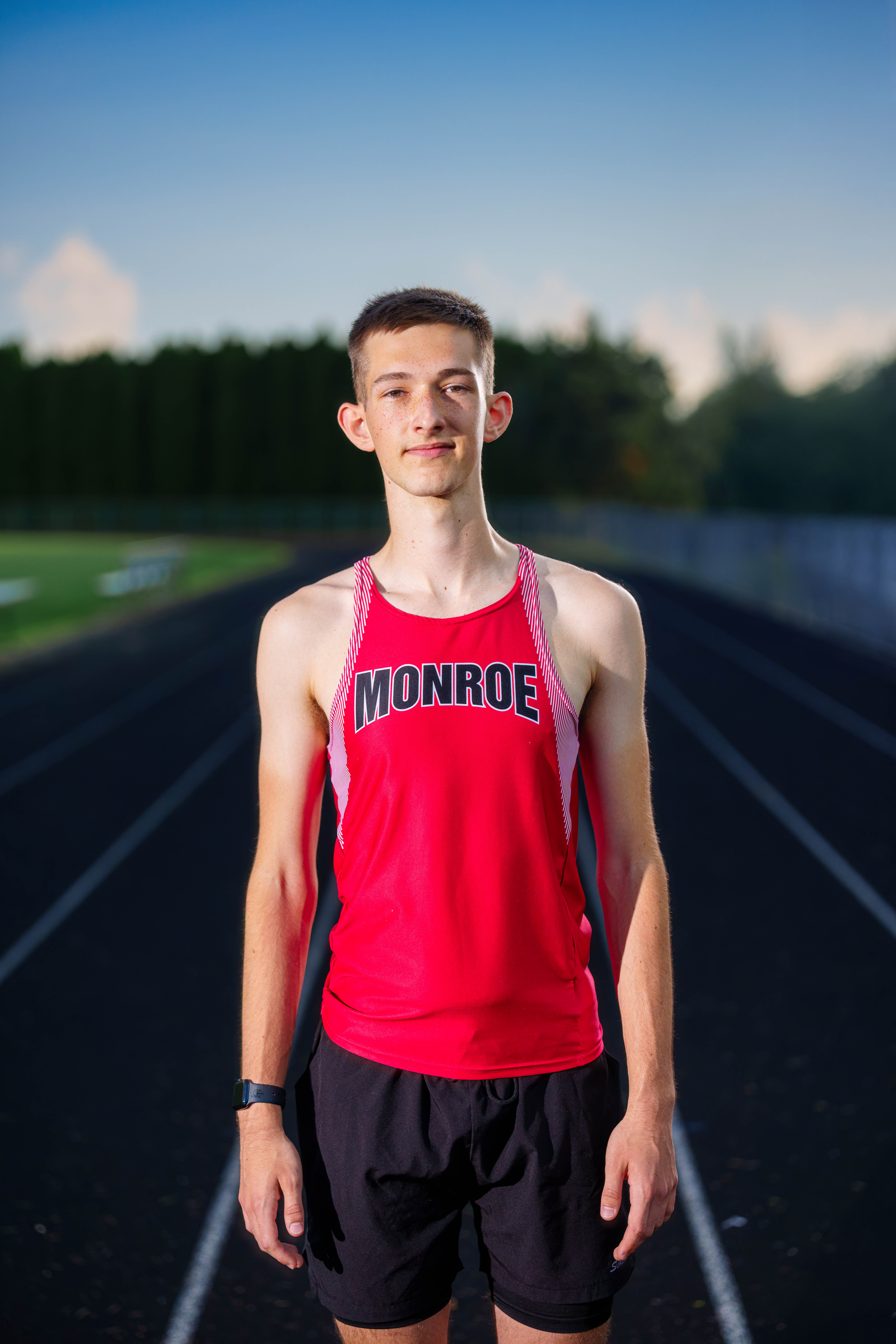 James Mayer poses for senior photos in Monroe Wisconsin on August 12th, 2025. Mayer will graduate in 2026. Photography by Ross Harried for Second Crop Creative.
