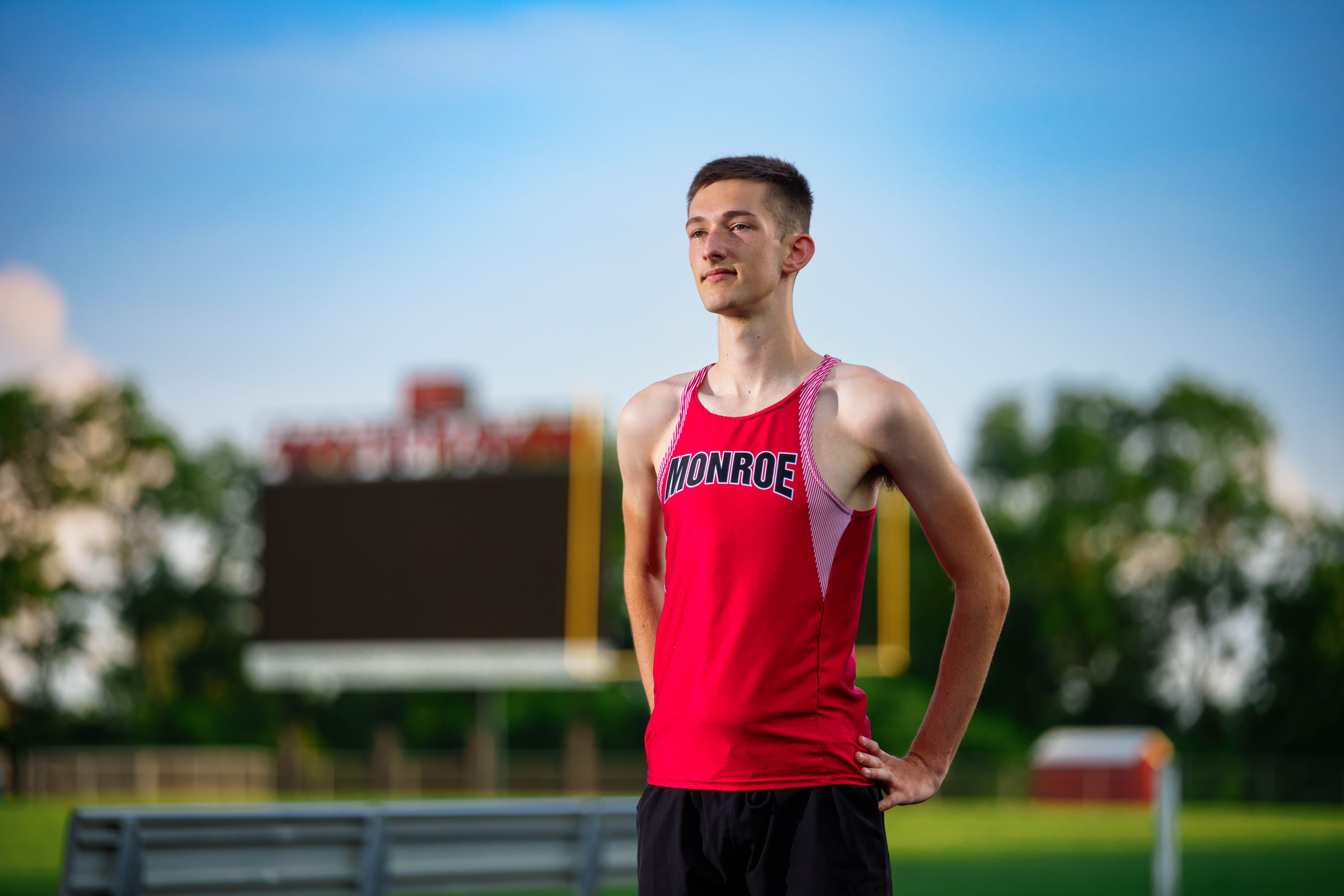 James Mayer poses for senior photos in Monroe Wisconsin on August 12th, 2025. Mayer will graduate in 2026. Photography by Ross Harried for Second Crop Creative.