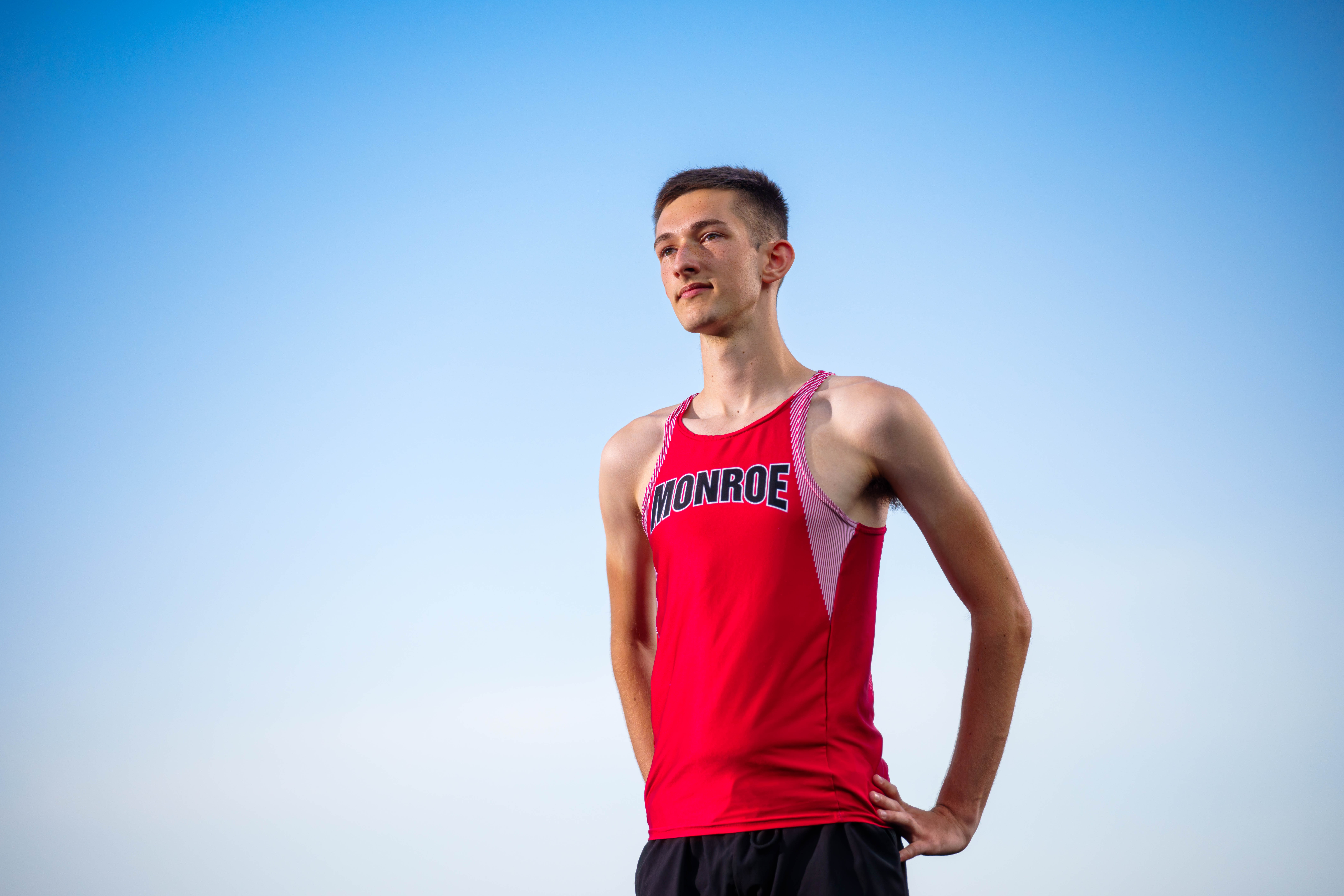 James Mayer poses for senior photos in Monroe Wisconsin on August 12th, 2025. Mayer will graduate in 2026. Photography by Ross Harried for Second Crop Creative.