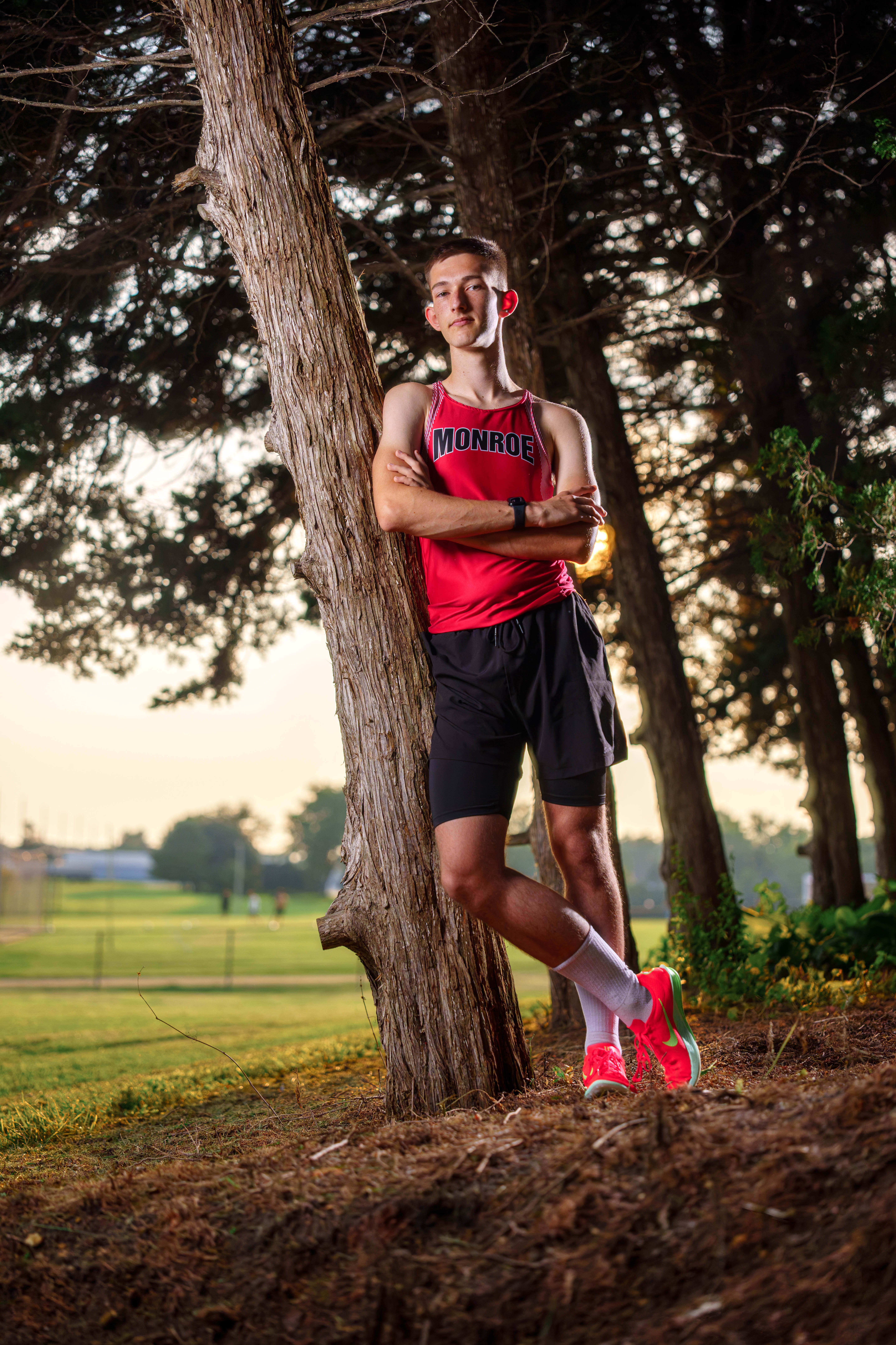 James Mayer poses for senior photos in Monroe Wisconsin on August 12th, 2025. Mayer will graduate in 2026. Photography by Ross Harried for Second Crop Creative.