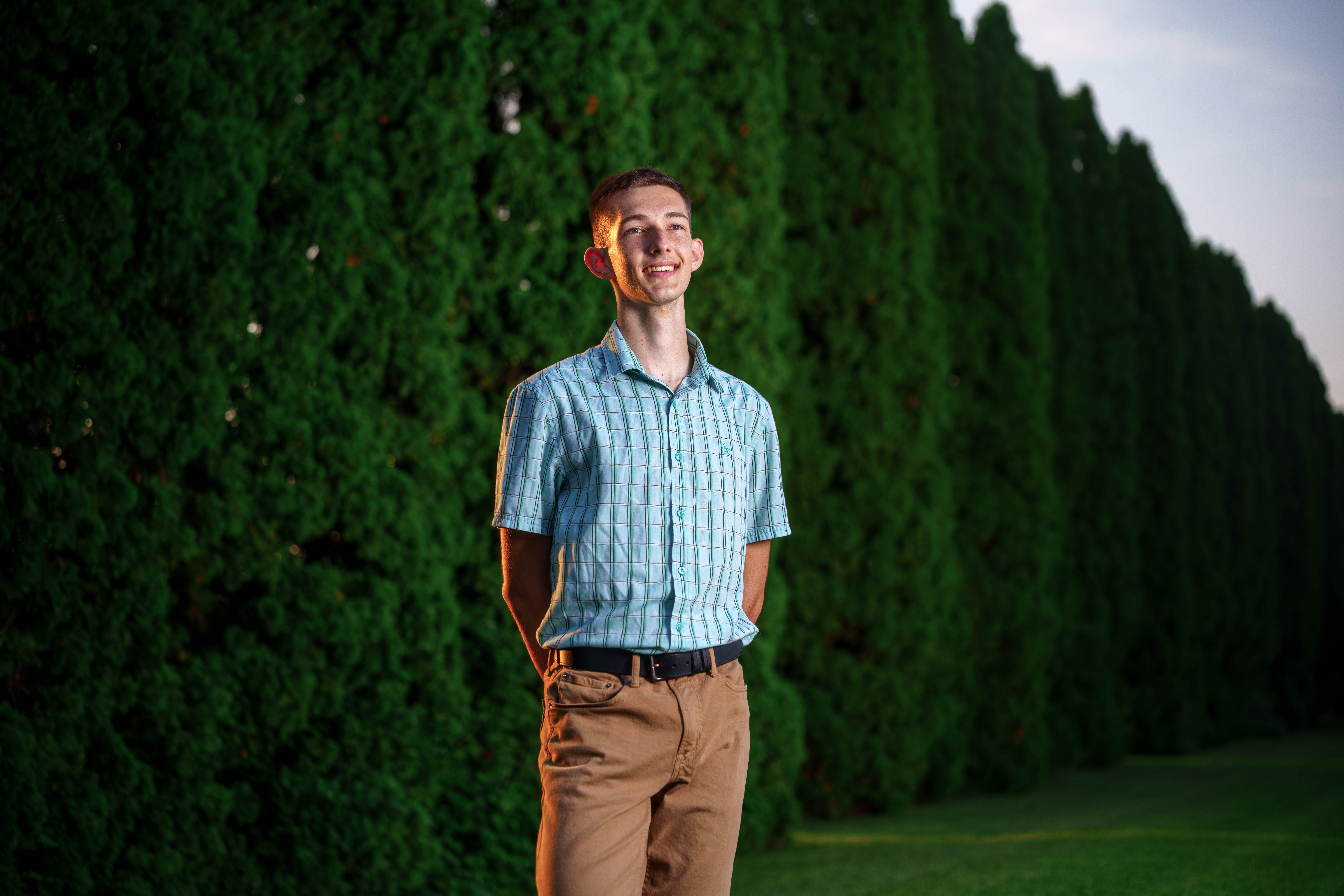 James Mayer poses for senior photos in Monroe Wisconsin on August 12th, 2025. Mayer will graduate in 2026. Photography by Ross Harried for Second Crop Creative.