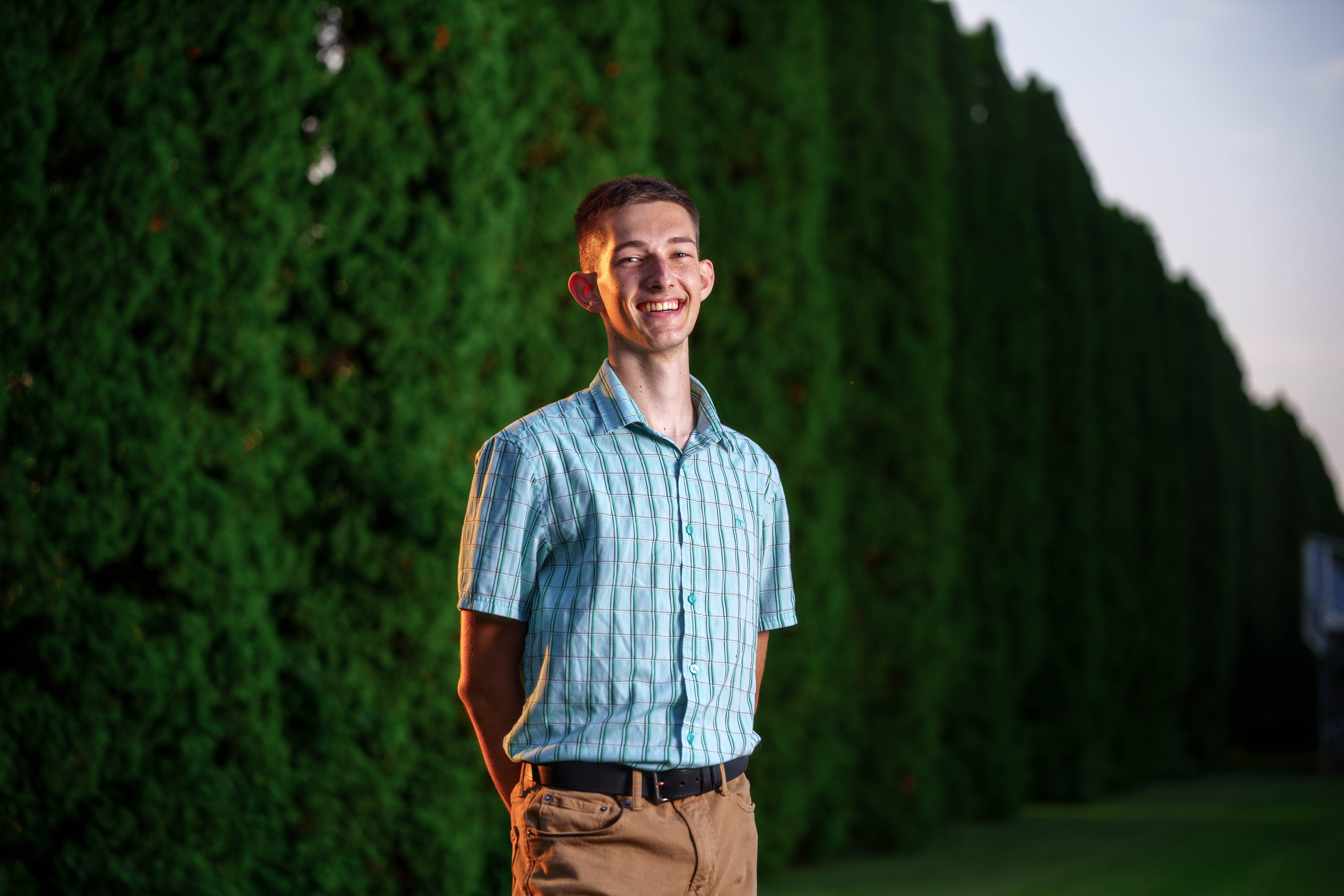 James Mayer poses for senior photos in Monroe Wisconsin on August 12th, 2025. Mayer will graduate in 2026. Photography by Ross Harried for Second Crop Creative.