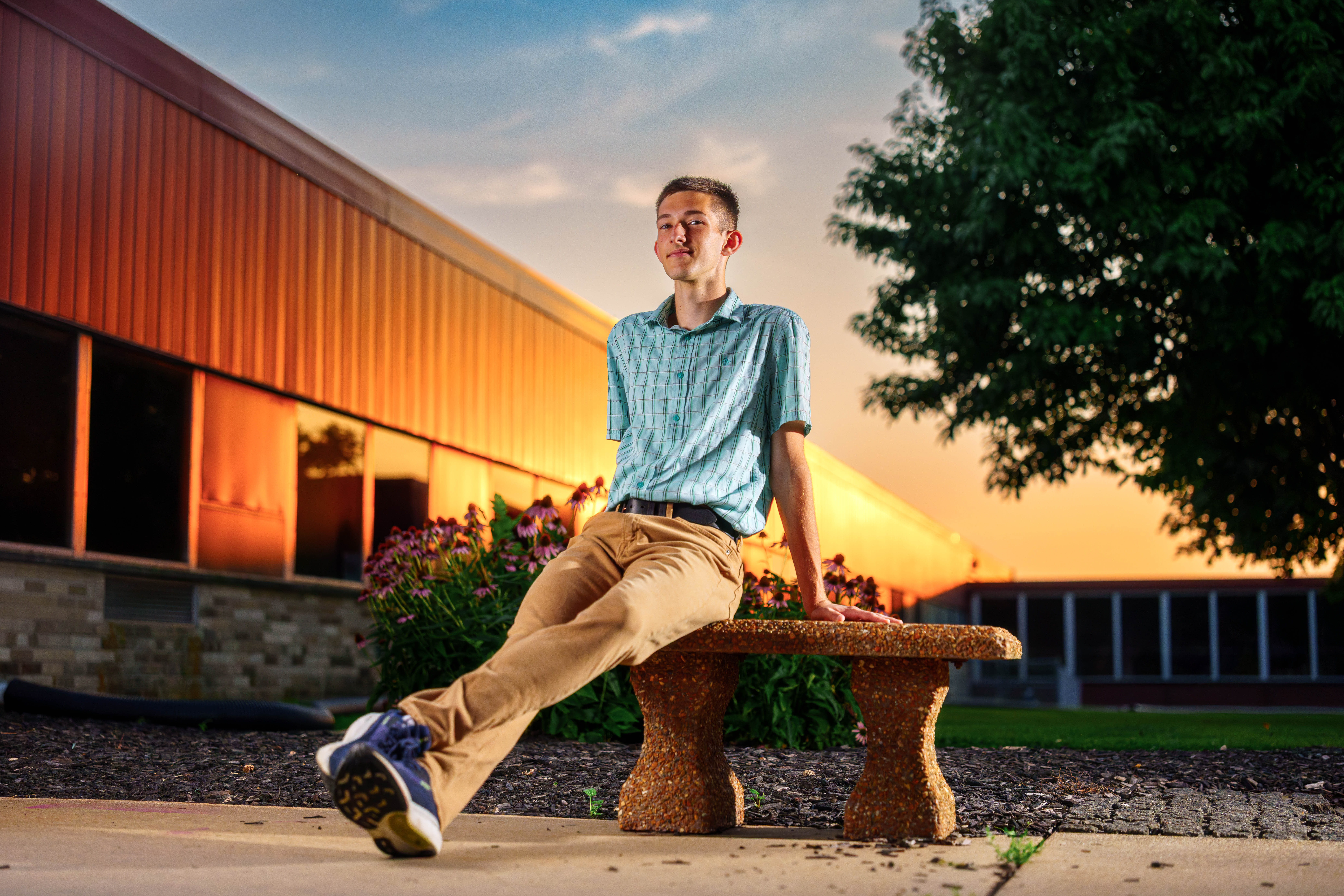 James Mayer poses for senior photos in Monroe Wisconsin on August 12th, 2025. Mayer will graduate in 2026. Photography by Ross Harried for Second Crop Creative.