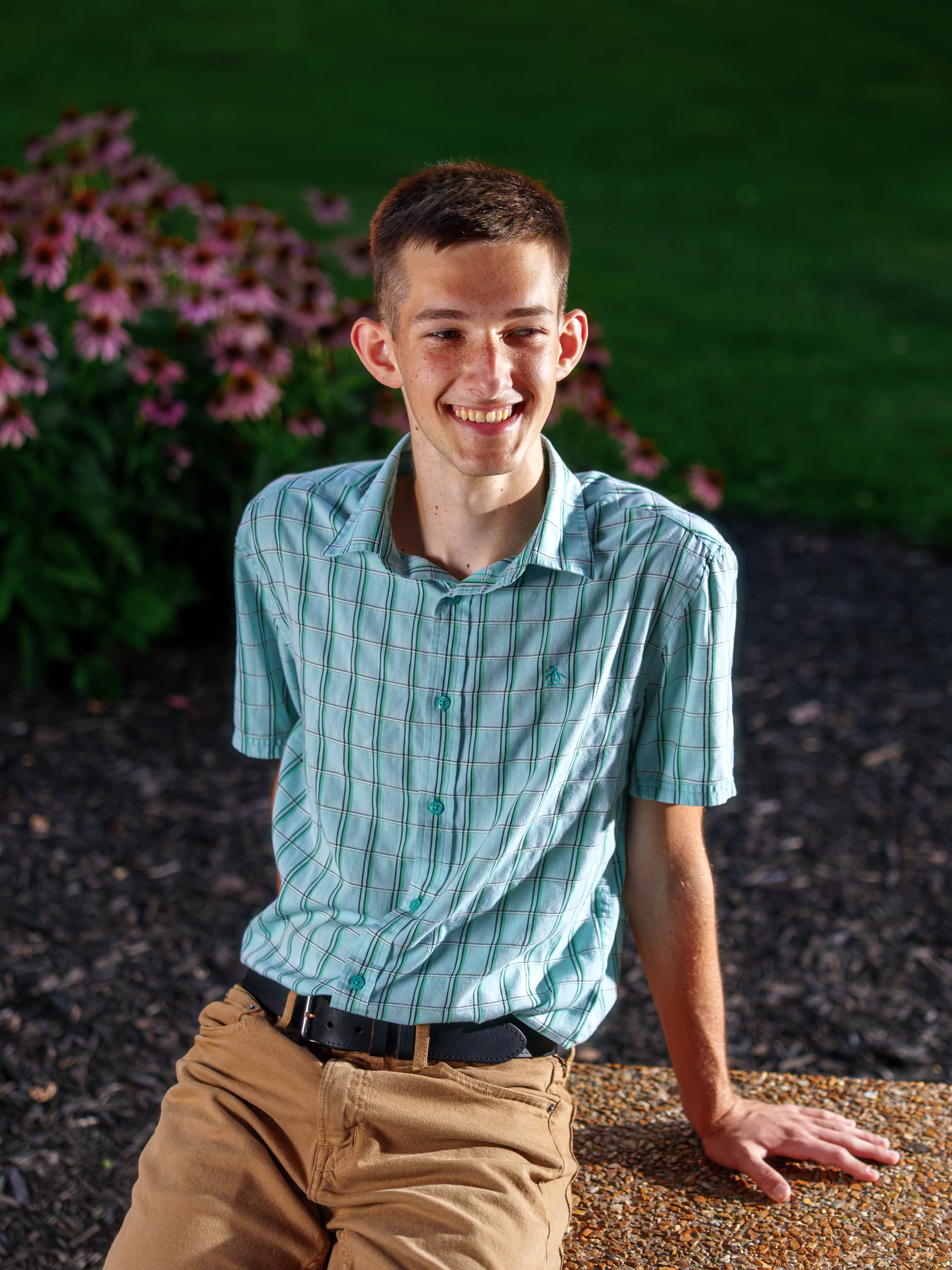 James Mayer poses for senior photos in Monroe Wisconsin on August 12th, 2025. Mayer will graduate in 2026. Photography by Ross Harried for Second Crop Creative.