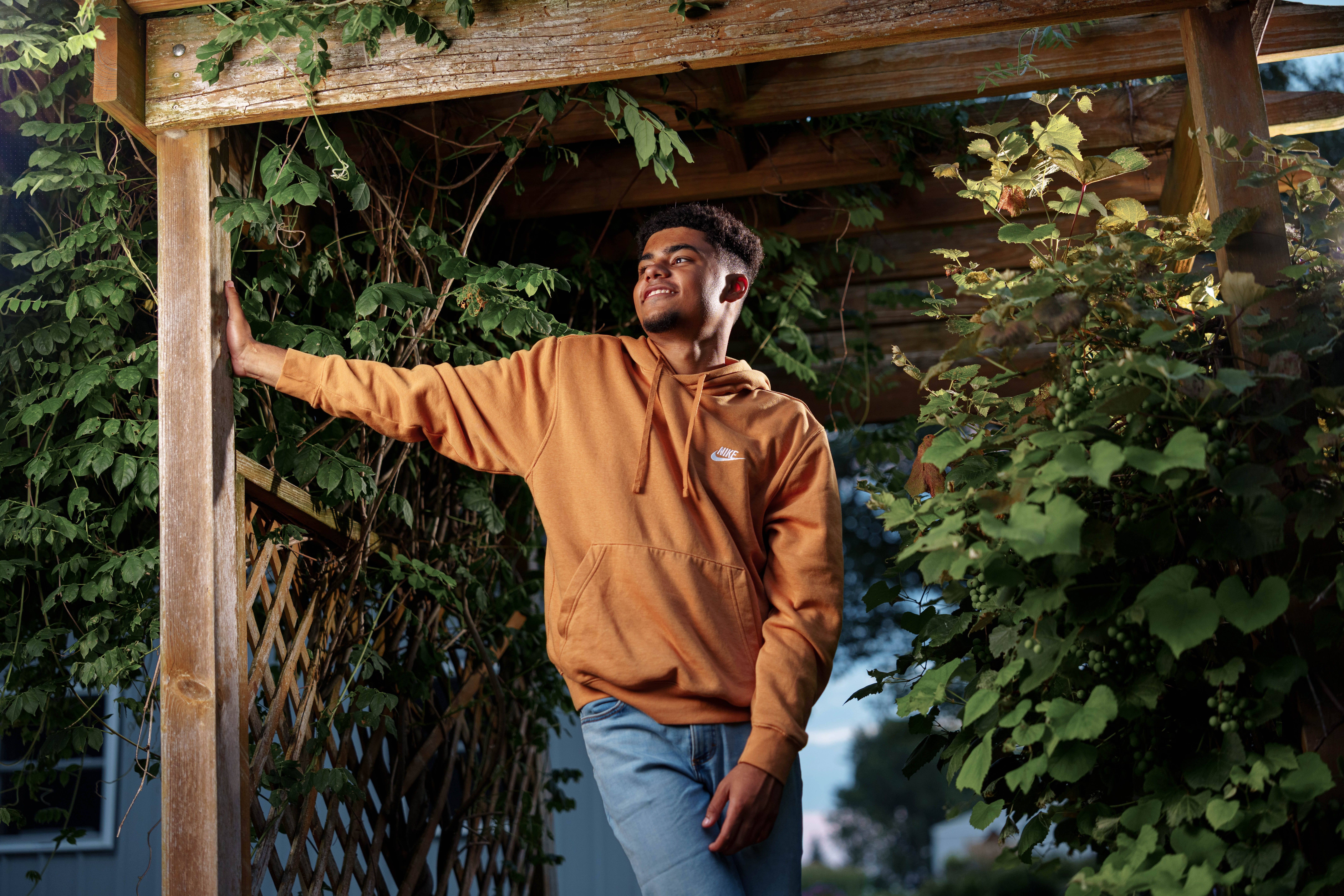 Click to View Larger Mekhi Brown poses for senior photos in Monroe Wisconsin on August 14th, 2025. Brown will graduate in 2026. Photography by Ross Harried for Second Crop Creative.