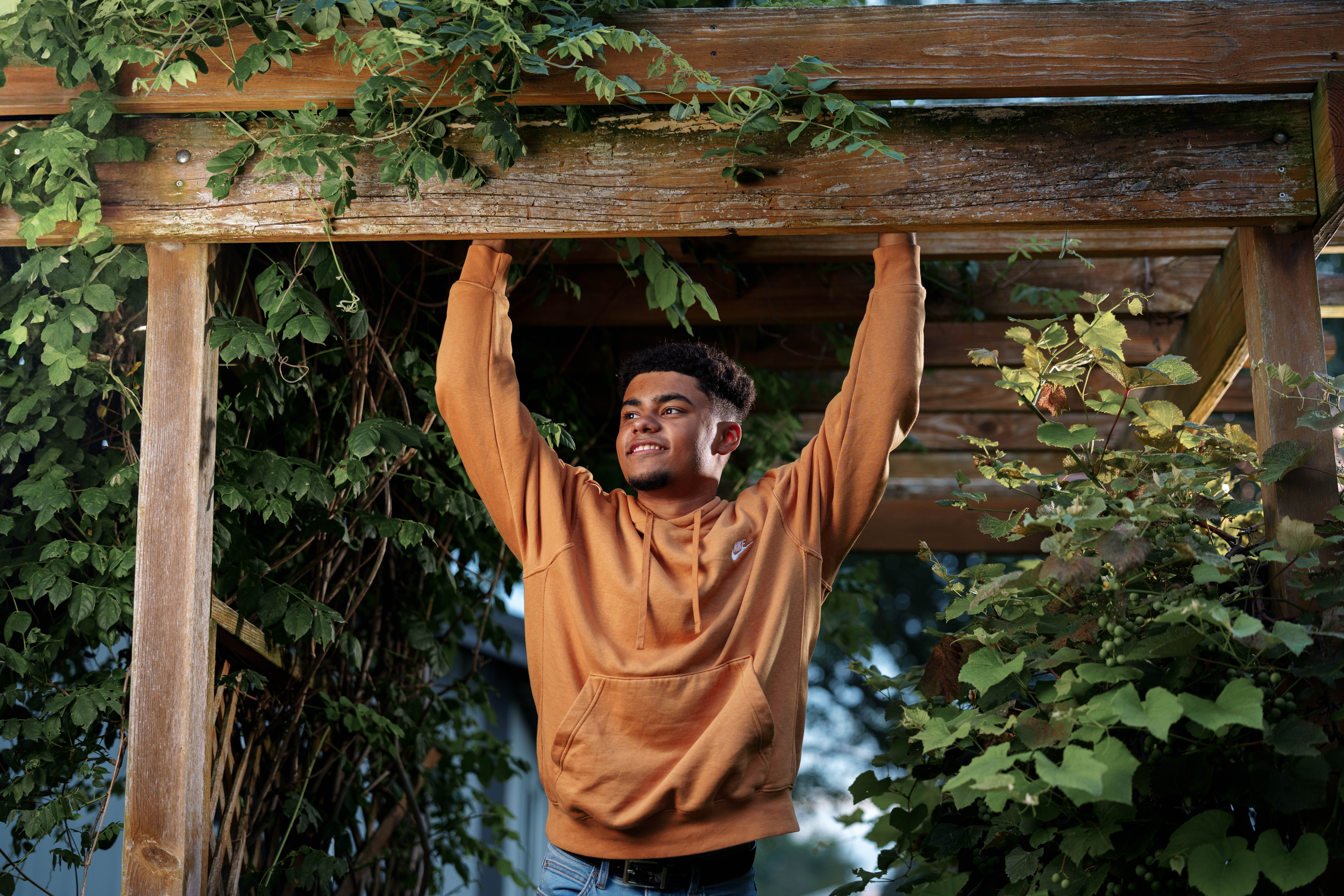 Click to View Larger Mekhi Brown poses for senior photos in Monroe Wisconsin on August 14th, 2025. Brown will graduate in 2026. Photography by Ross Harried for Second Crop Creative.