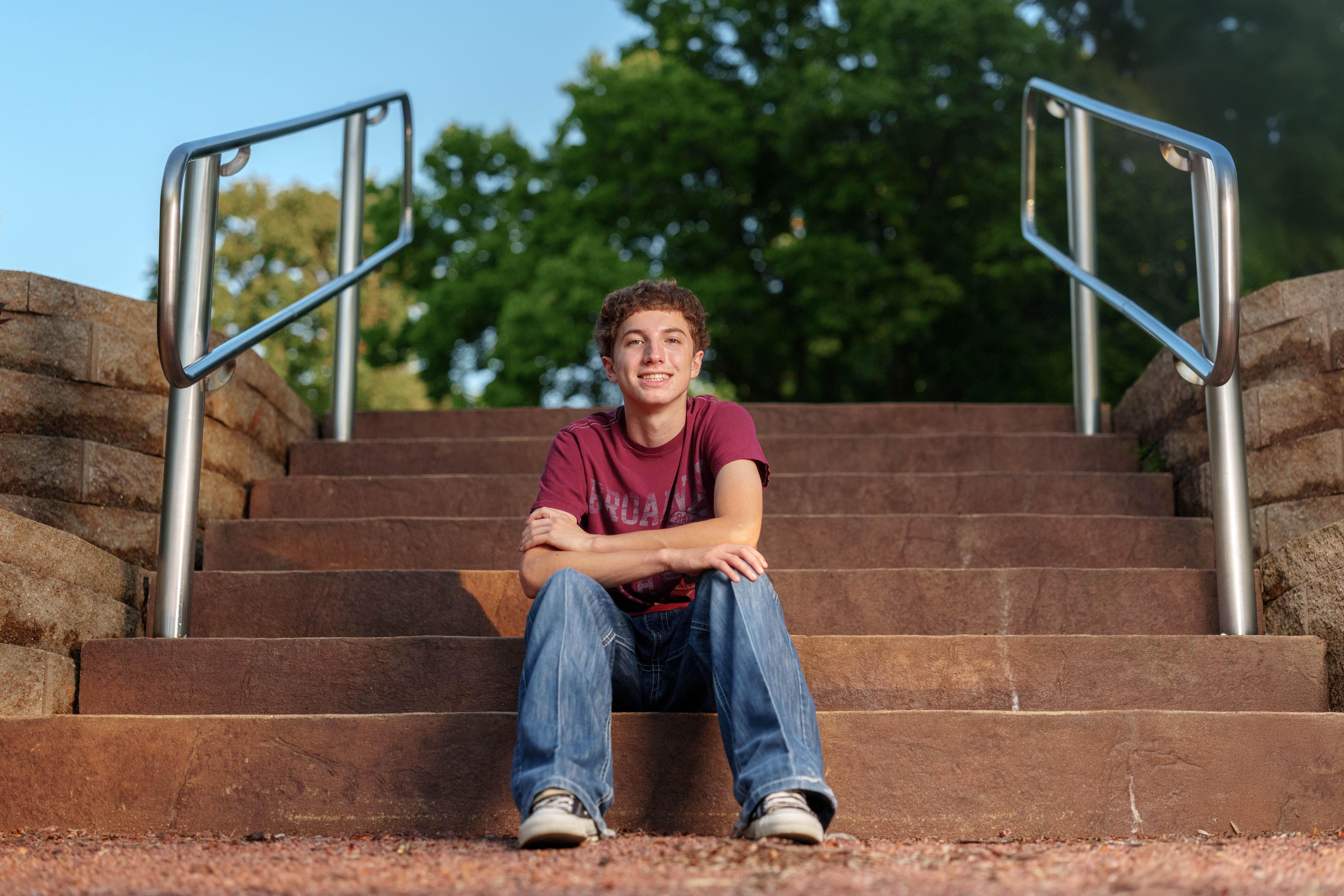 Click to View Larger Ethan Williams poses for senior photos in Monroe, Wisconsin on August 19th, 2025. Williams will graduate in 2026. Photography by Ross Harried for Second Crop Creative.