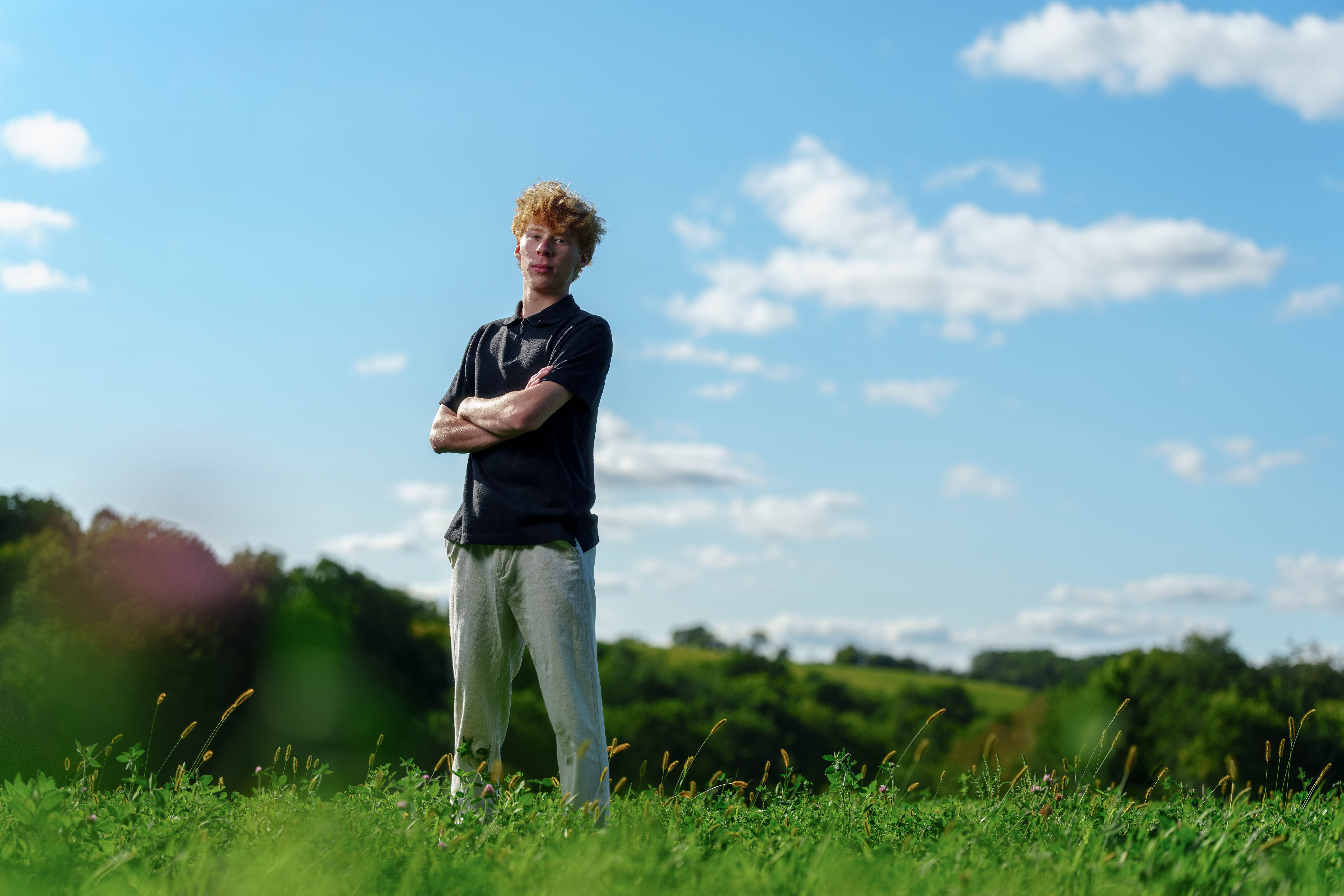 Click to View Larger Logan Meier poses for senior photos outside Monroe, Wisconsin on September 5th, 2025. Meirer will graduate in 2026. Photography by Ross Harried for Second Crop Creative.