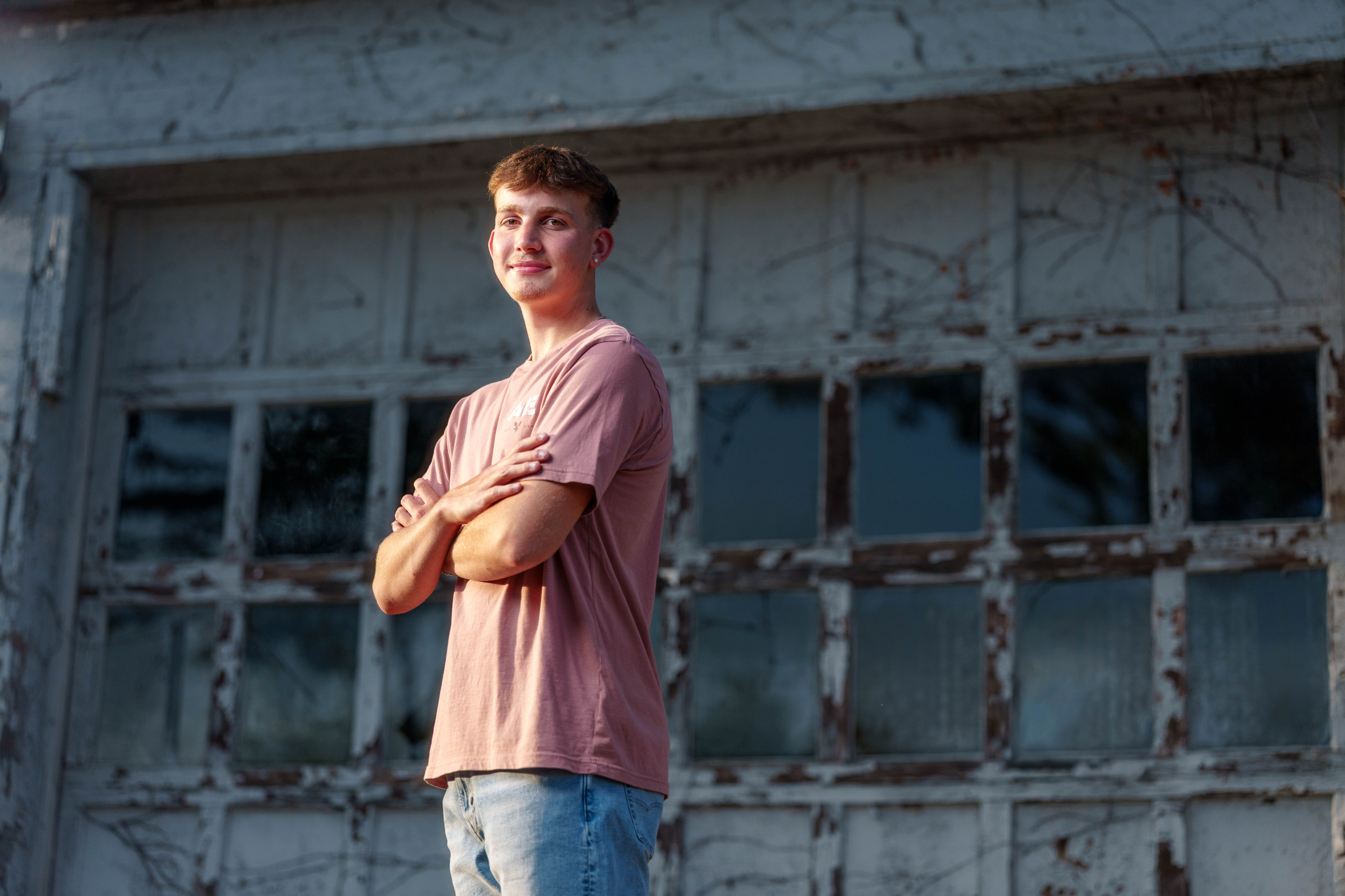 Click to View Larger Logan Taylor poses for senior photos in Monroe, Wisconsin on September 8th, 2025. Taylor will graduate in 2026. Photography by Ross Harried for Second Crop Creative.